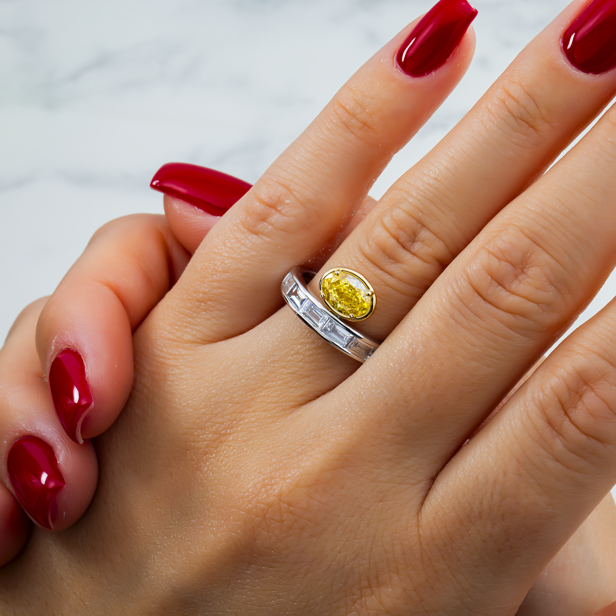 White Gold Floating Fancy Yellow Oval Diamond Ring 1.89ctw