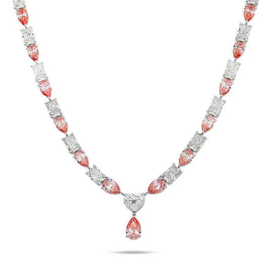 14K White Gold Radiant & Pear Cut Fancy Pink Diamond Drop Necklace 69.77ct