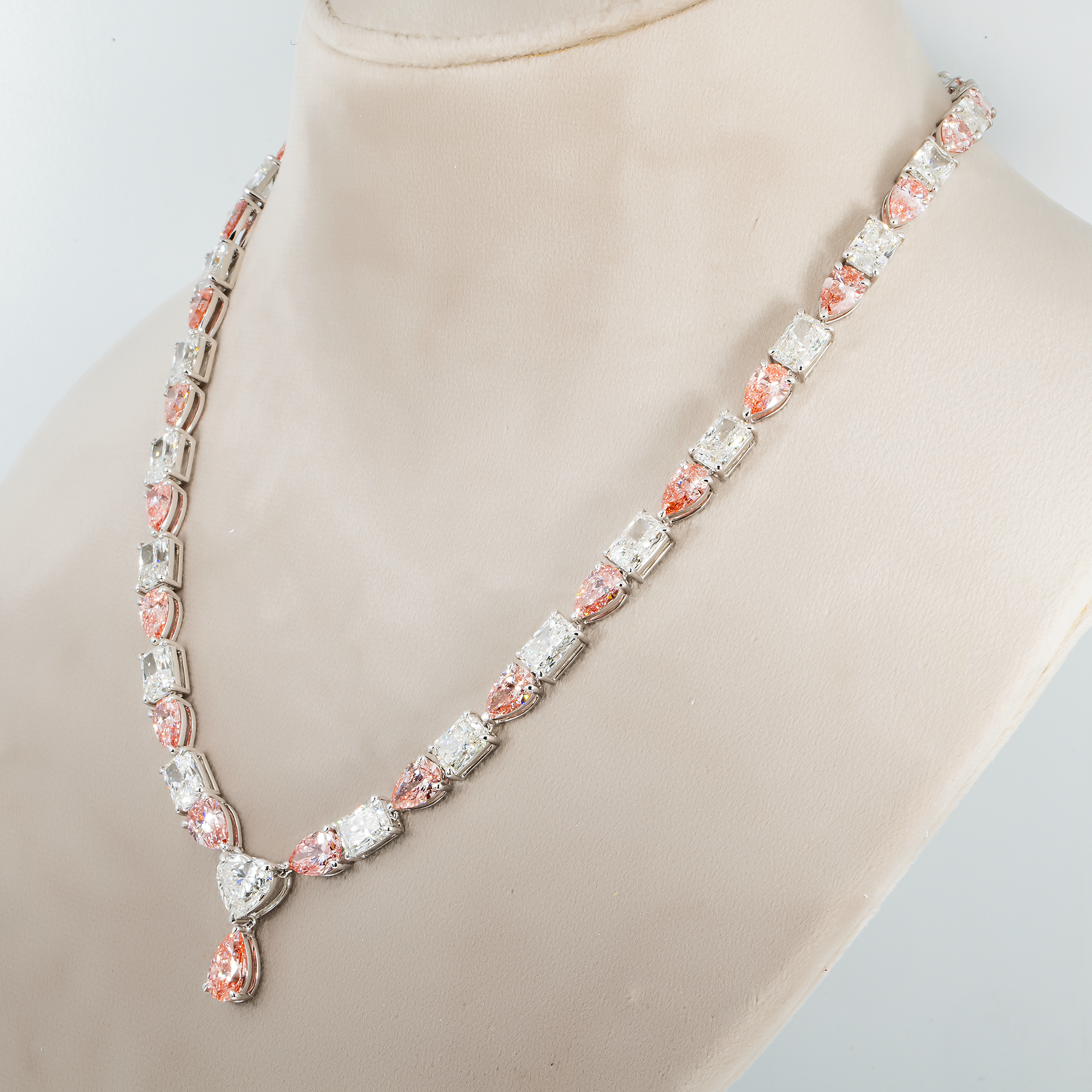 14K White Gold Radiant & Pear Cut Fancy Pink Diamond Drop Necklace 69.77Ct Necklace