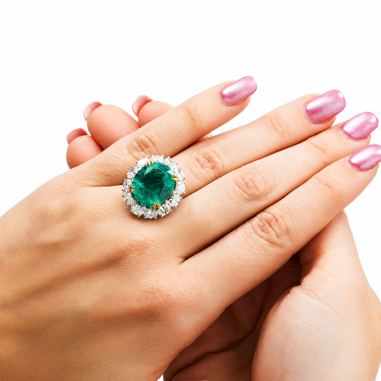 18K White Gold Oval Emerald & Diamond Ring 11.15ctw
