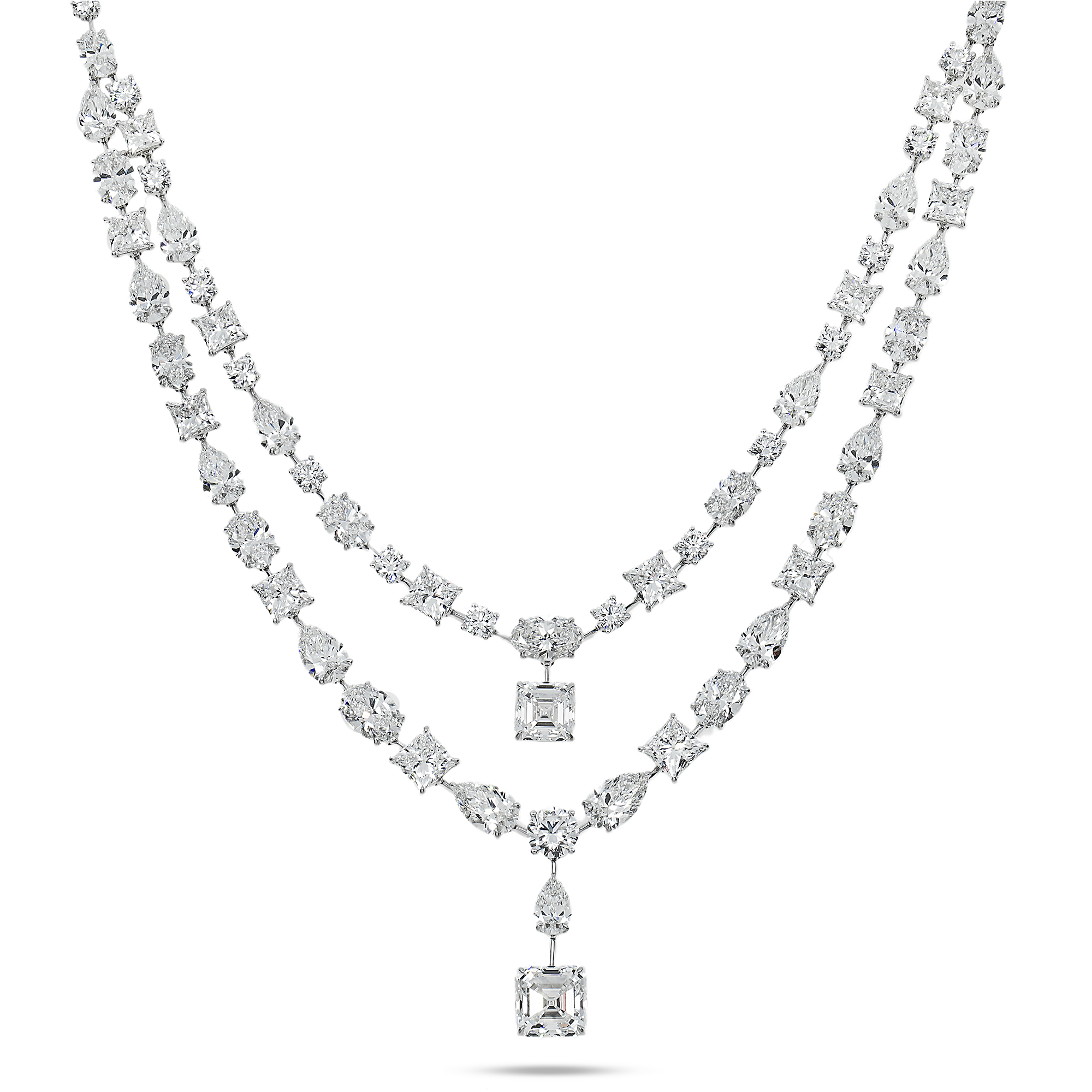 18K White Gold Multi Cut Diamond Double Row Drop Necklace 72.74Ct Necklace