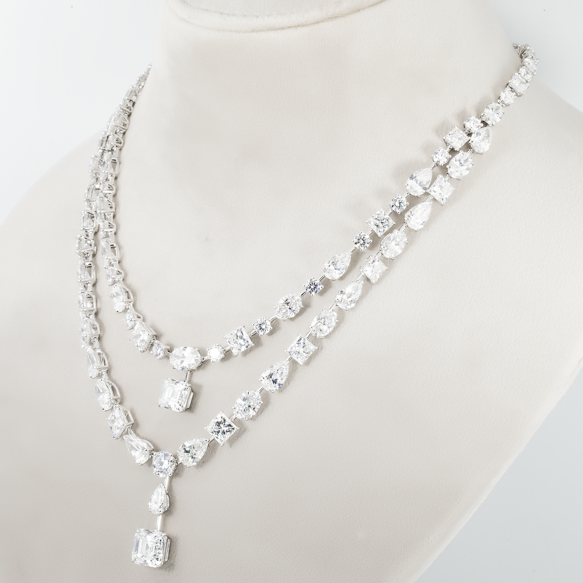 18K White Gold Multi Cut Diamond Double Row Drop Necklace 72.74Ct Necklace
