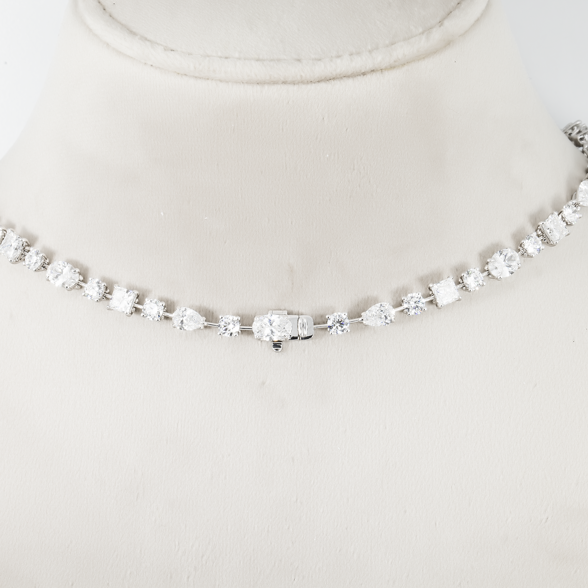 18K White Gold Multi Cut Diamond Double Row Drop Necklace 72.74Ct Necklace