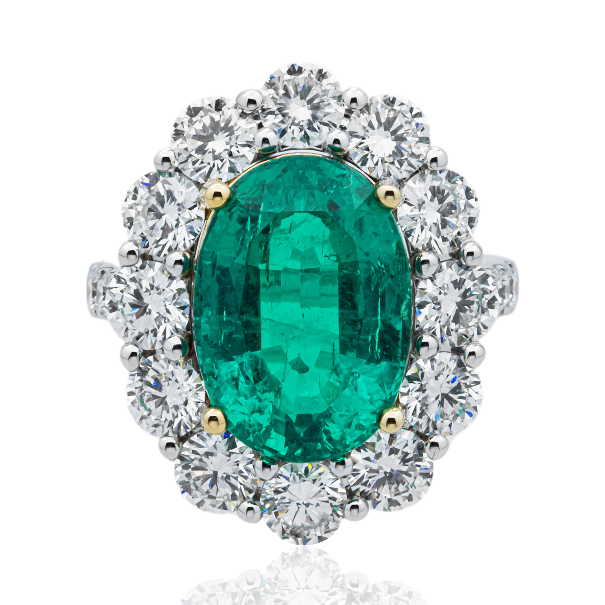 18K White Gold Oval Emerald & Round Diamond Ring 10.10ctw