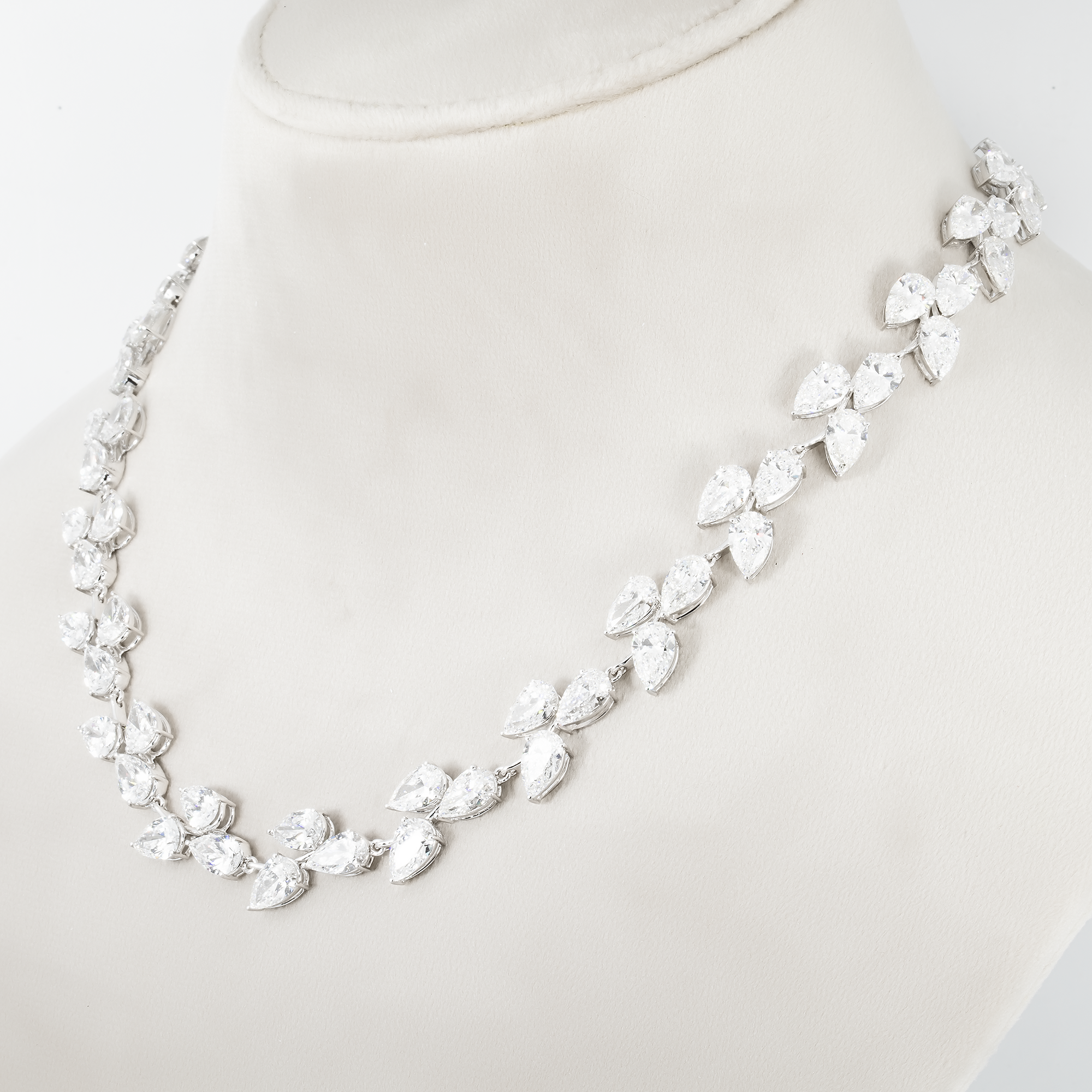 18K White Gold Pear Cut Diamond Rose Bud Vine Necklace 56.69Ct Necklace