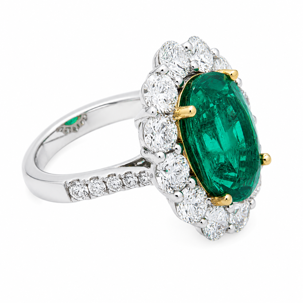 18K White Gold Oval Emerald & Round Diamond Ring 10.10ctw