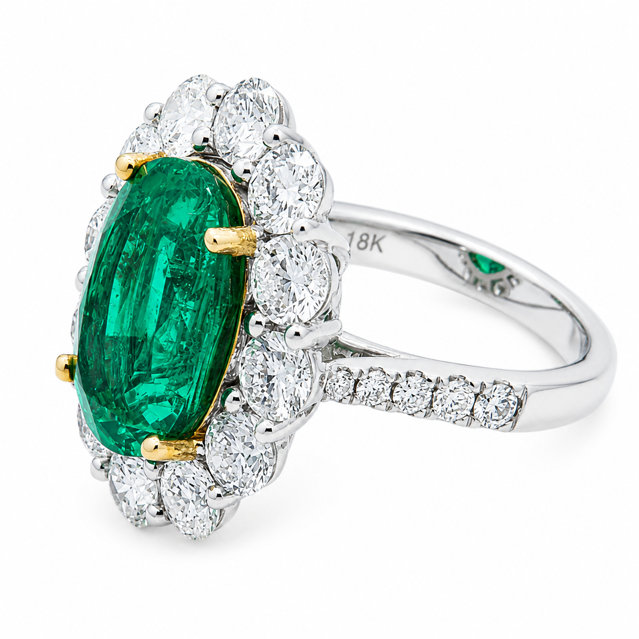 18K White Gold Oval Emerald & Round Diamond Ring 10.10ctw