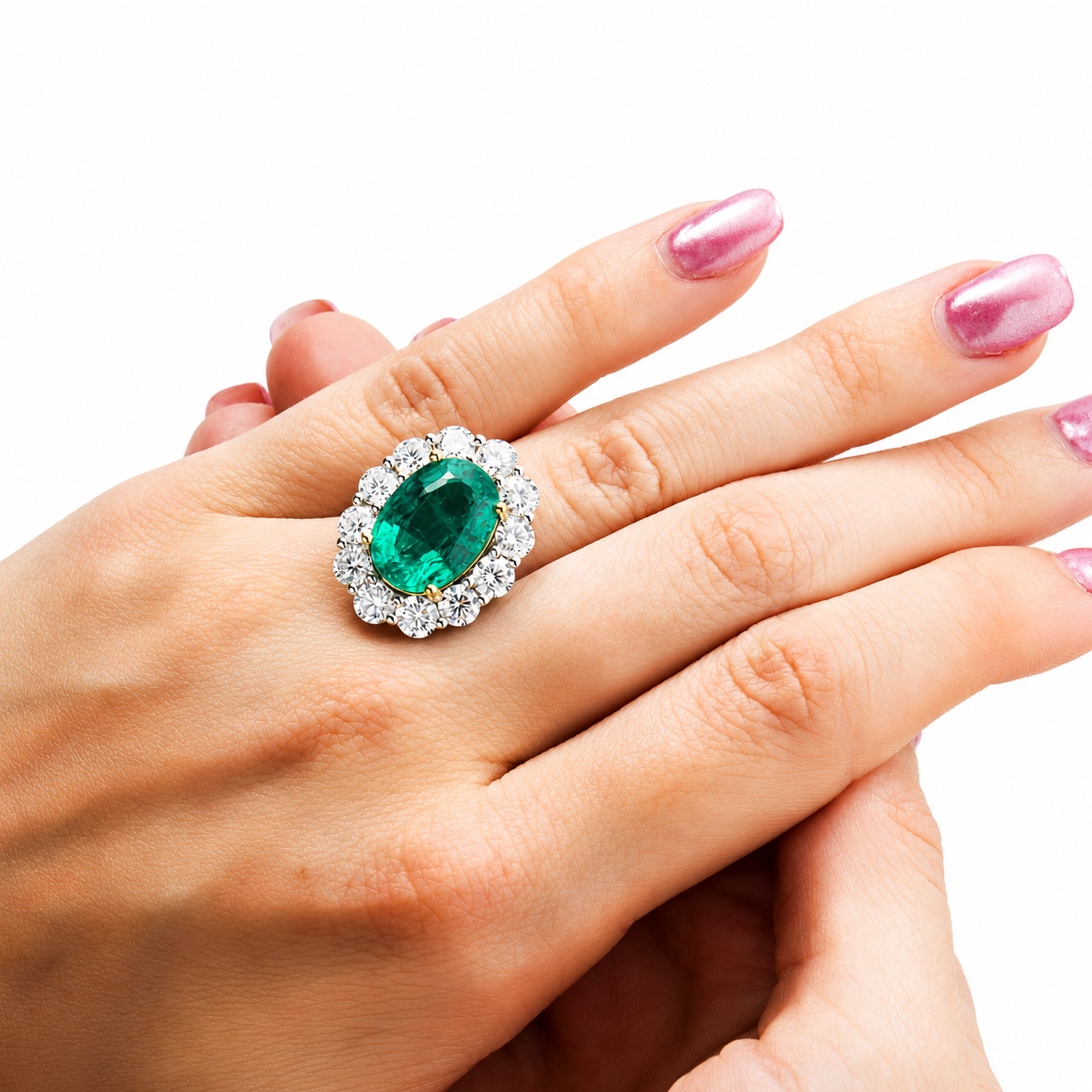 18K White Gold Oval Emerald & Round Diamond Ring 10.10ctw