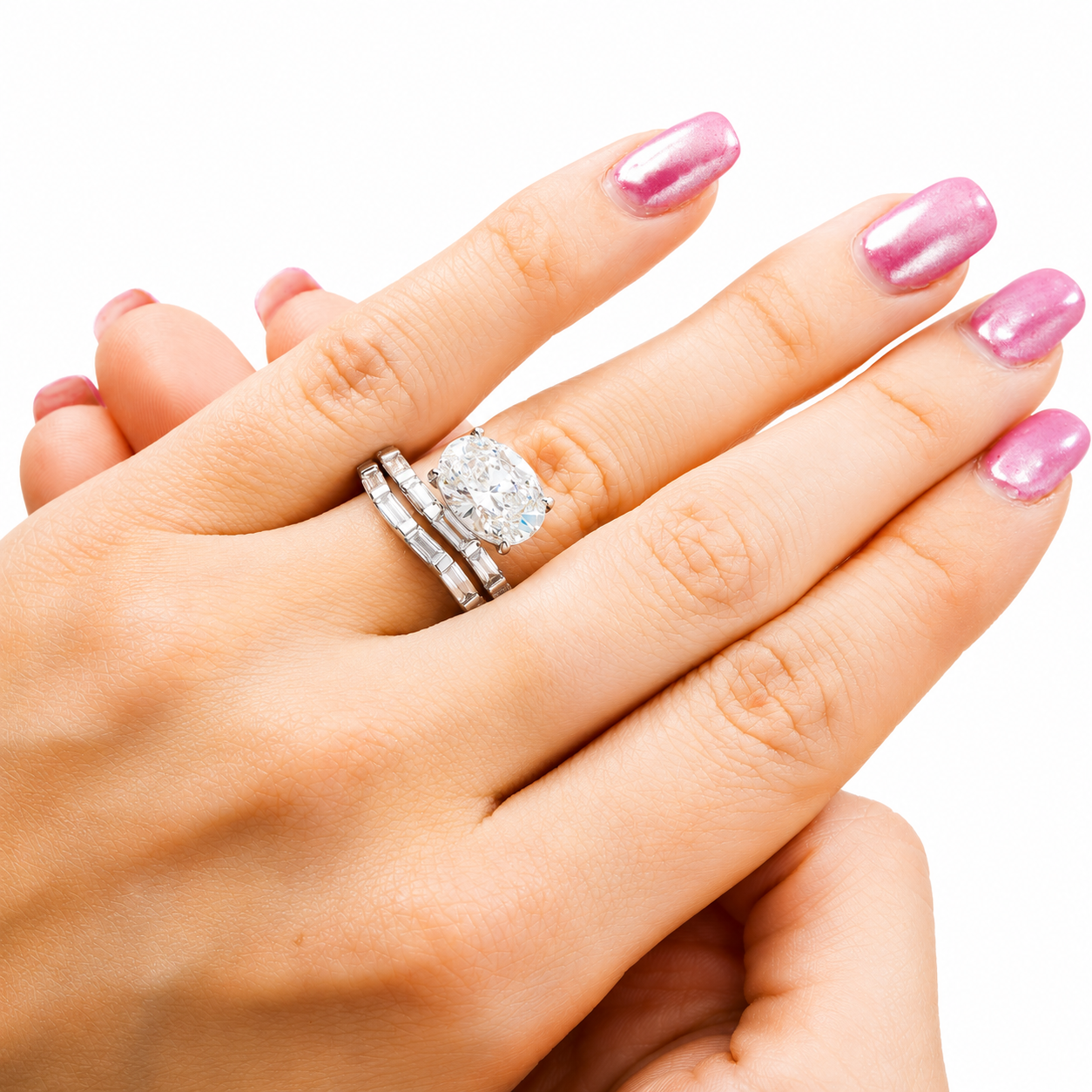 14K White Gold 3.02ct Oval & Baguette Diamond Ring 4.60ctw