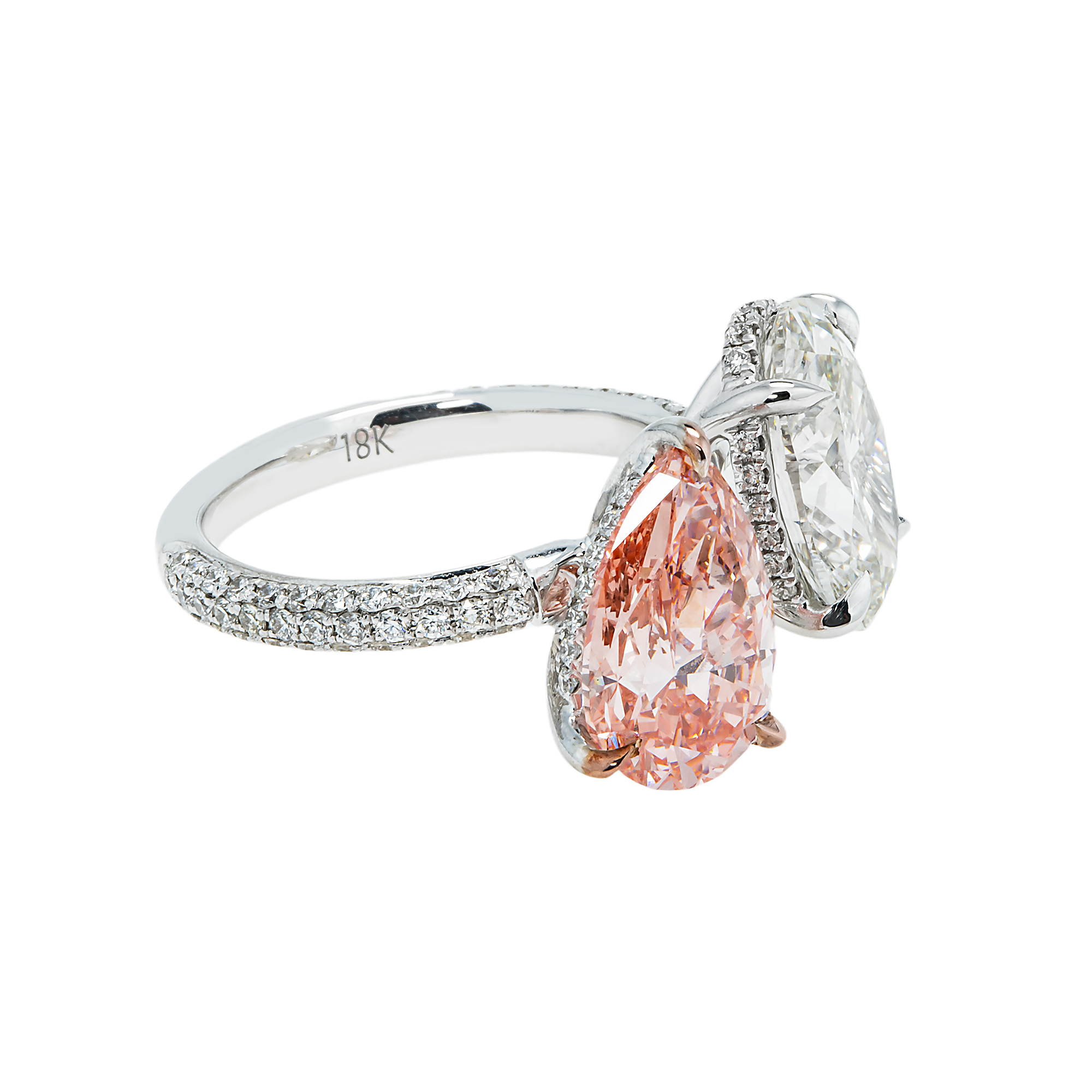 18K White Gold Oval Cut & Fancy Pink Pear Diamond Ring 7.93Ctw Bridal