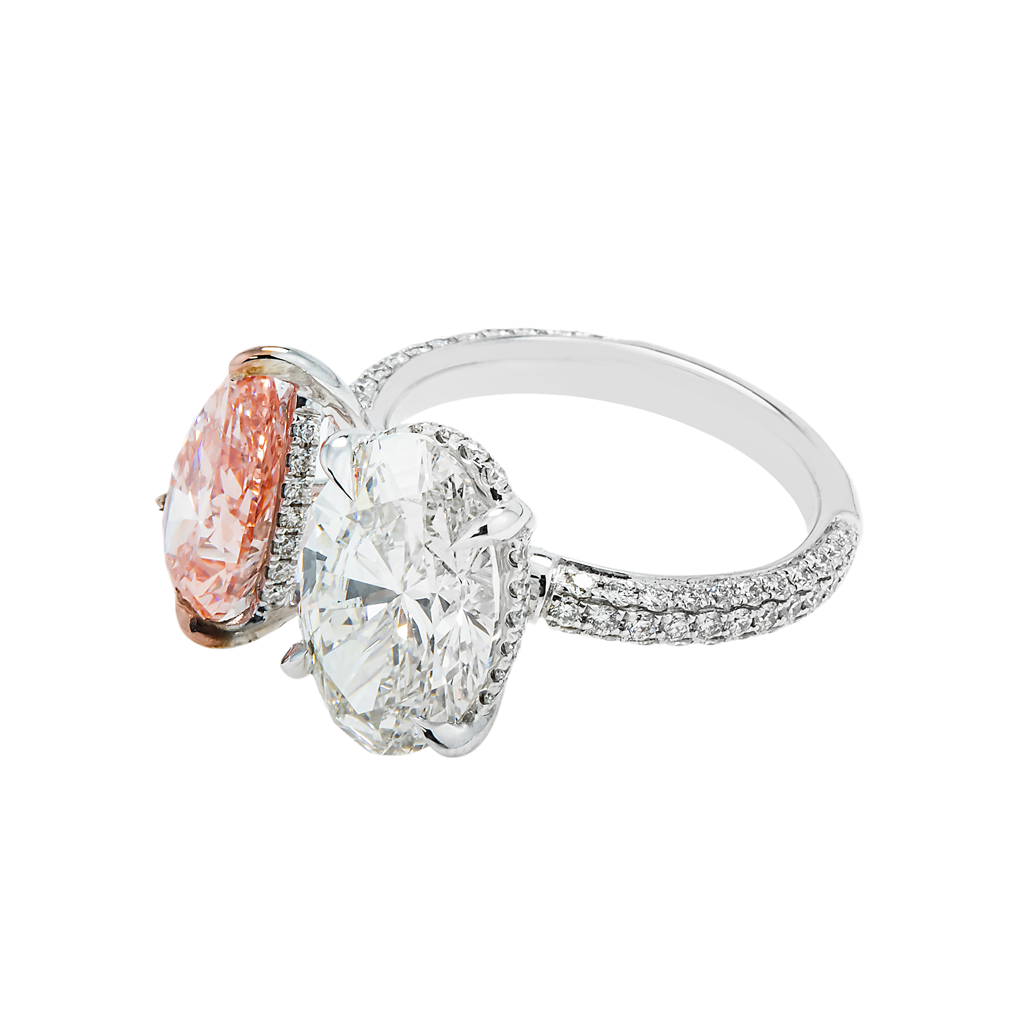 18K White Gold Oval Cut & Fancy Pink Pear Diamond Ring 7.93Ctw Bridal
