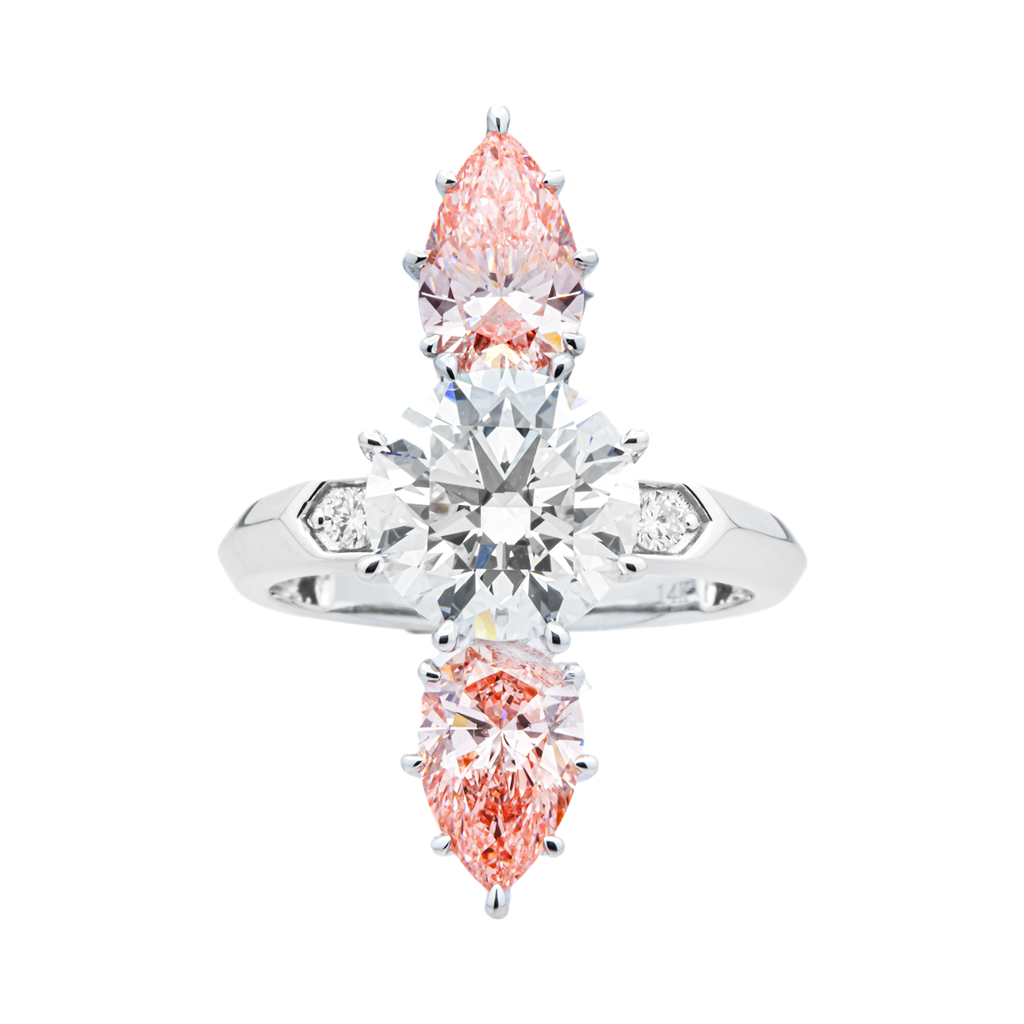 14K White Gold Round & Pear Fancy Pink Diamond Ring 5.16ctw