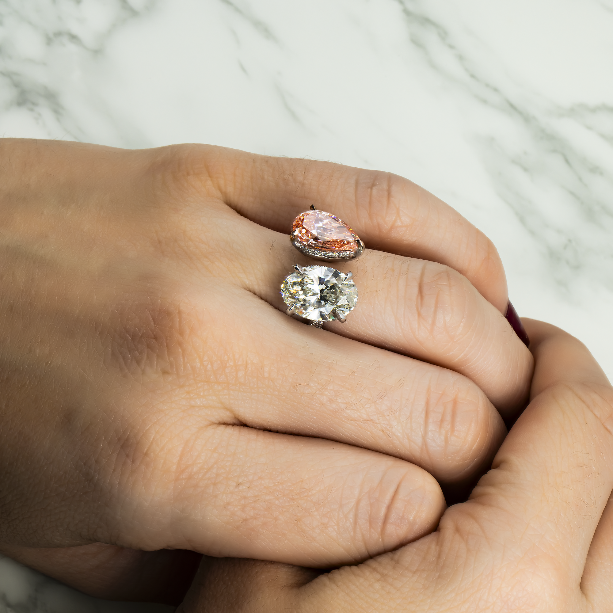 18K White Gold Oval Cut & Fancy Pink Pear Diamond Ring 7.93Ctw Bridal