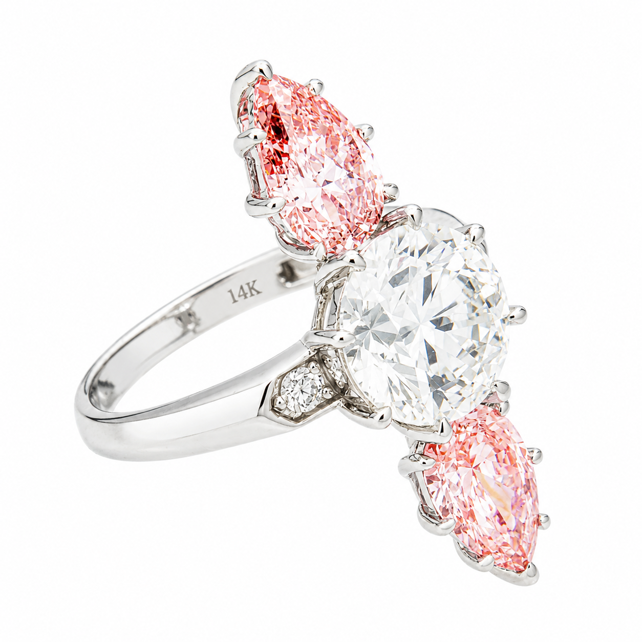 14K White Gold Round & Pear Fancy Pink Diamond Ring 5.16ctw