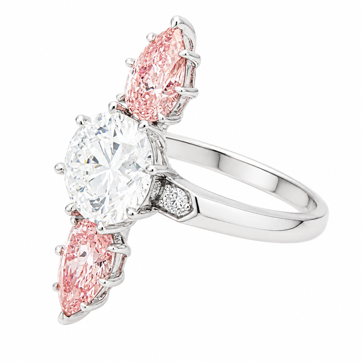14K White Gold Round & Pear Fancy Pink Diamond Ring 5.16ctw