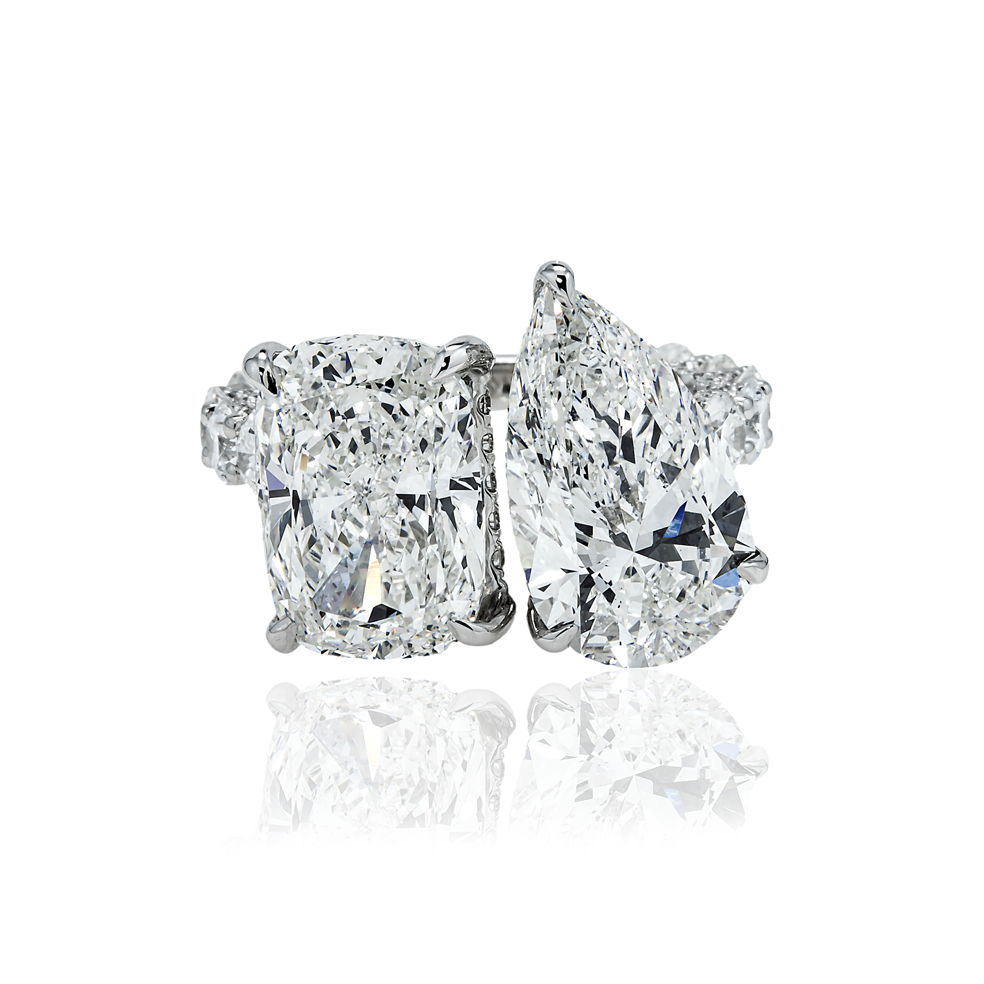 18K White Gold Cushion & Pear Cut Diamond Engagement Ring 12.99Ctw Bridal