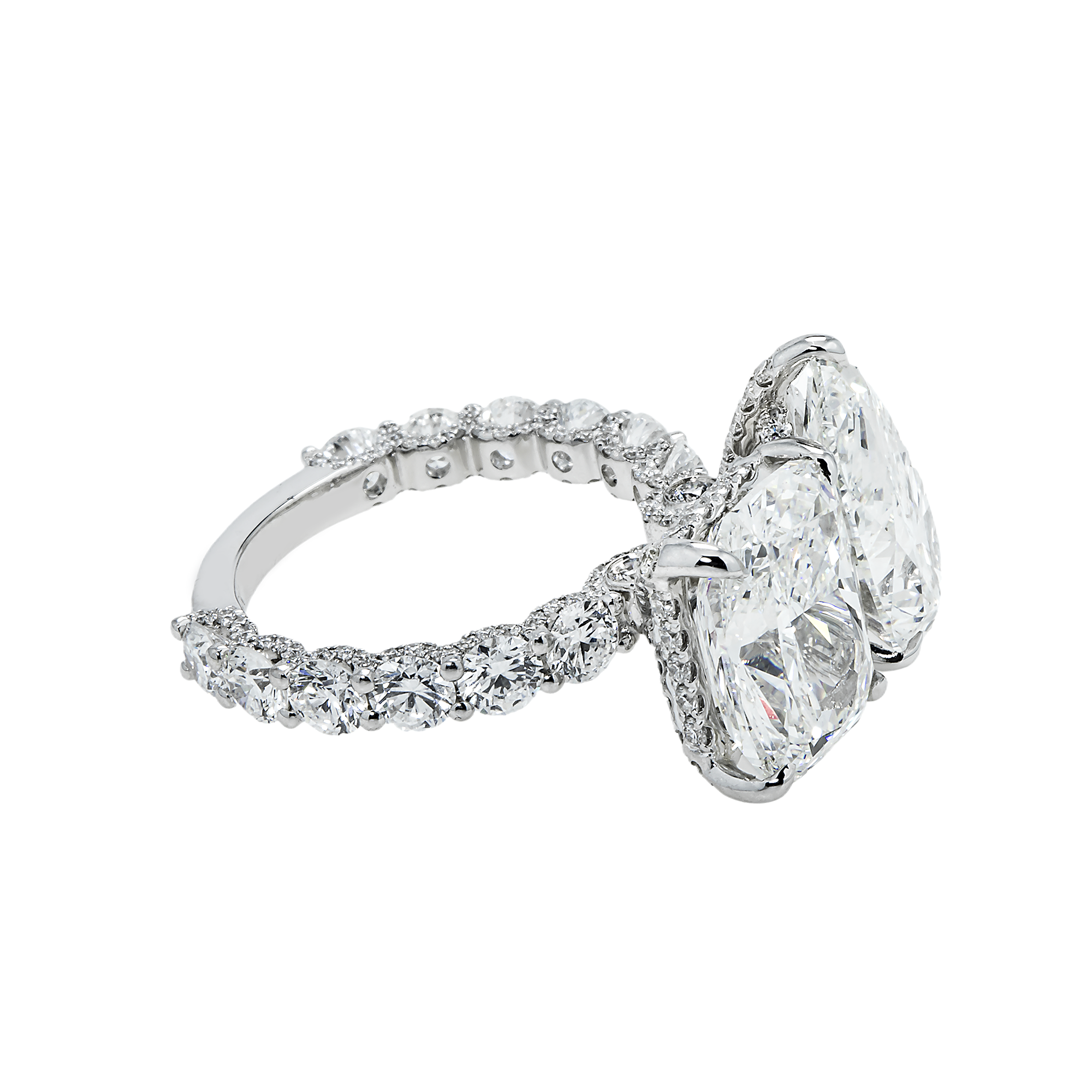 18K White Gold Cushion & Pear Cut Diamond Engagement Ring 12.99Ctw Bridal