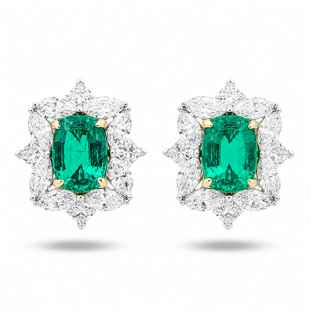 18K White Gold Oval Emerald Cluster Stud Earrings 25.07ctw