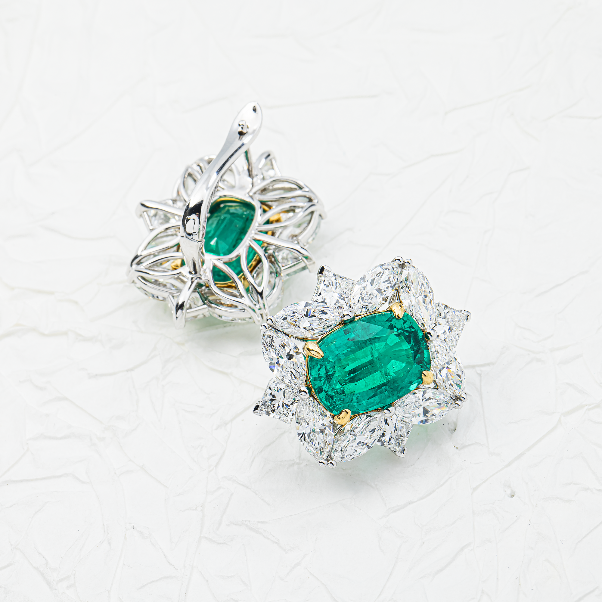 18K White Gold Oval Emerald Cluster Stud Earrings 25.07ctw