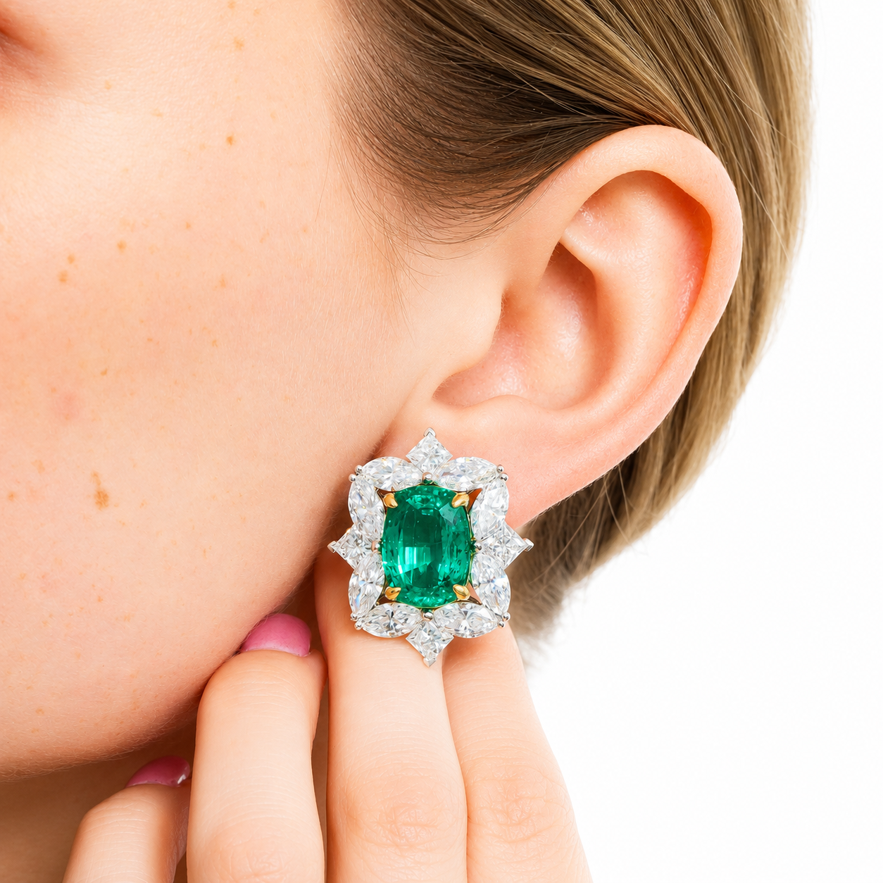 18K White Gold Oval Emerald Cluster Stud Earrings 25.07ctw