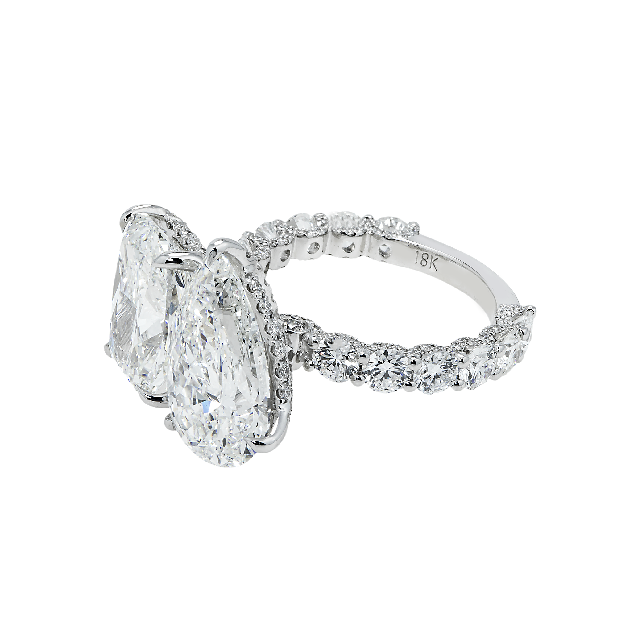 18K White Gold Cushion & Pear Cut Diamond Engagement Ring 12.99Ctw Bridal