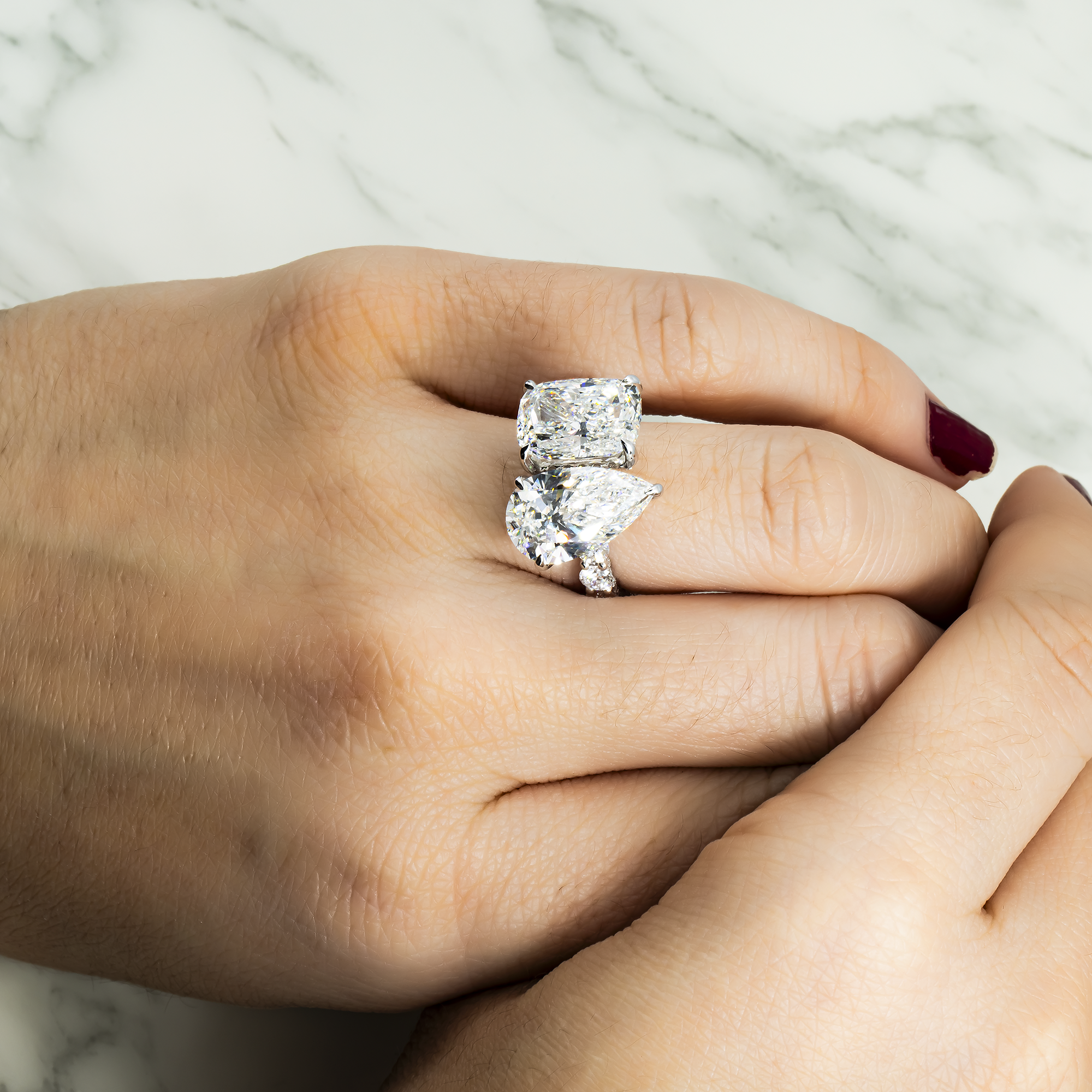 18K White Gold Cushion & Pear Cut Diamond Engagement Ring 12.99Ctw Bridal