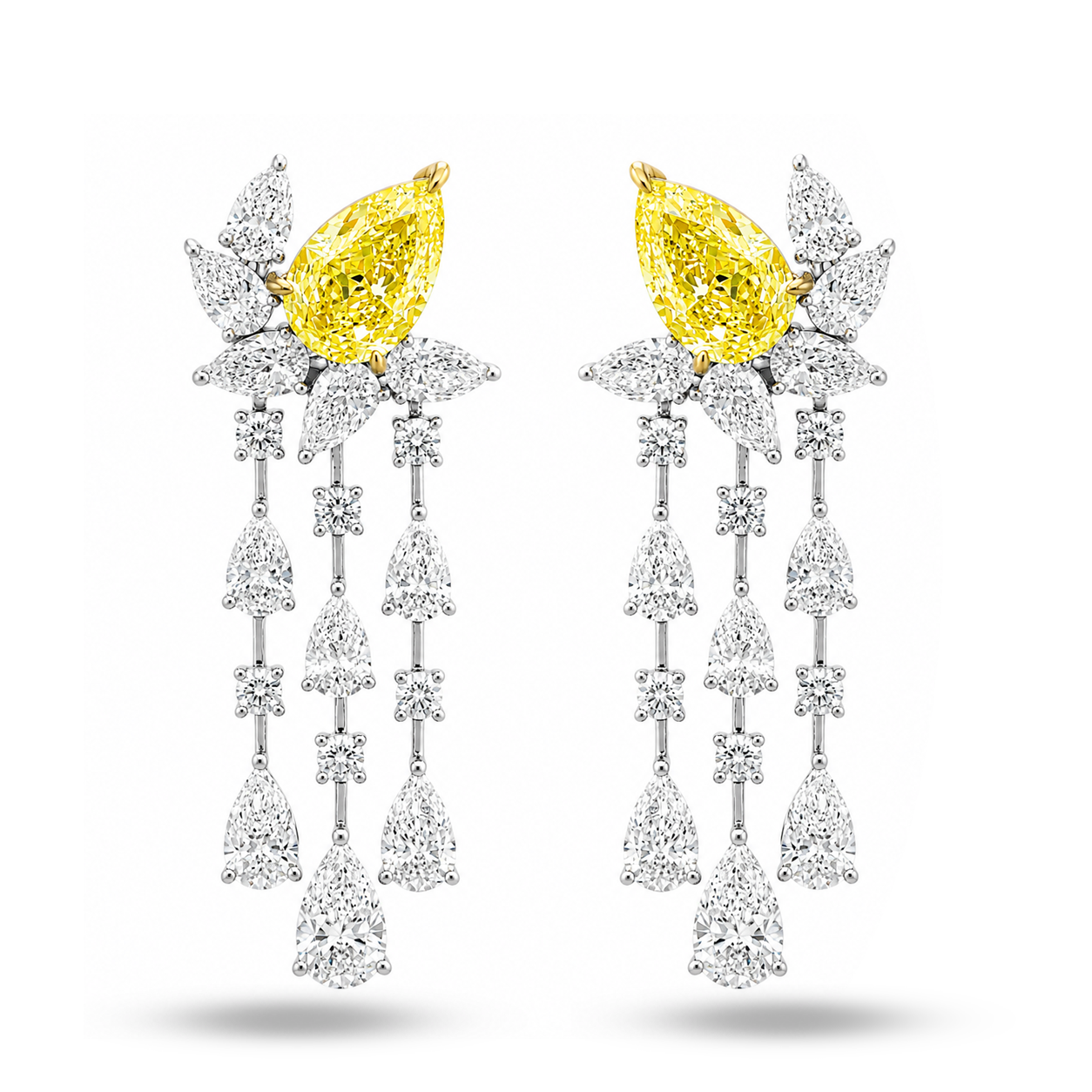 14K White Gold Pear Fancy Yellow Diamond Drop Earrings 14.64ctw