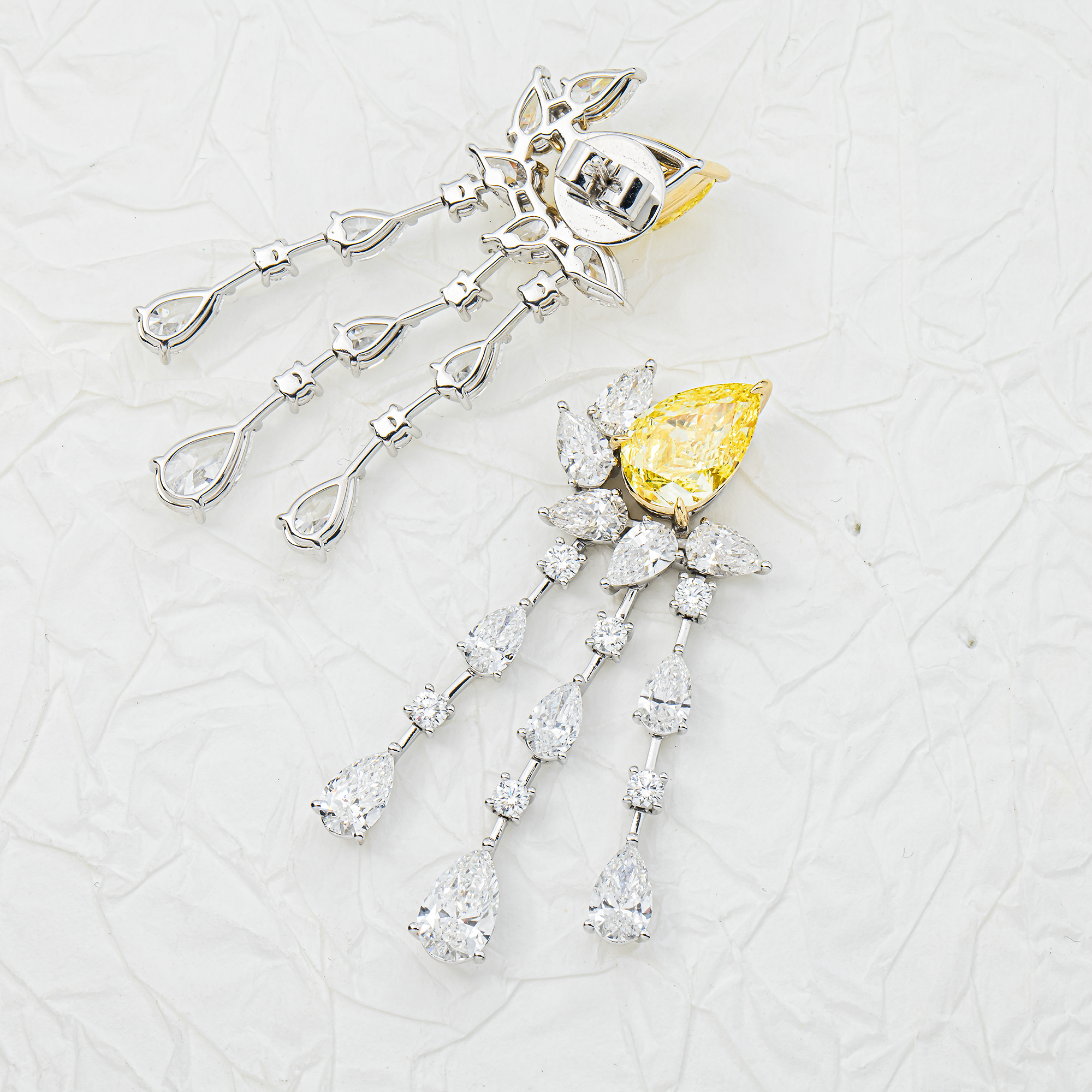 14K White Gold Pear Fancy Yellow Diamond Drop Earrings 14.64ctw