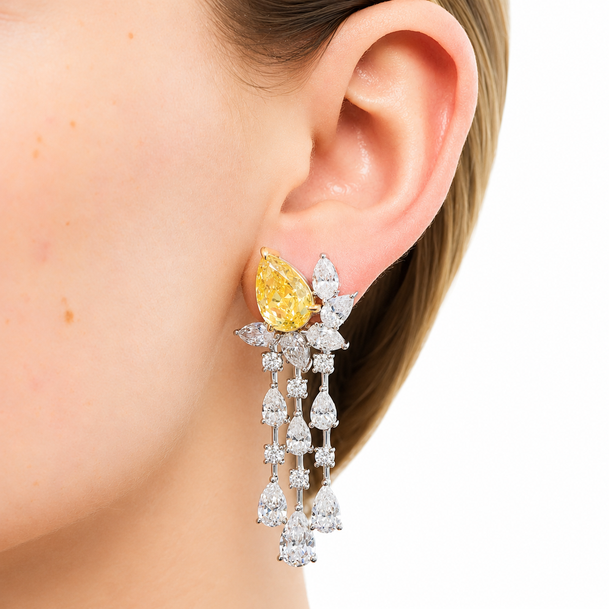 14K White Gold Pear Fancy Yellow Diamond Drop Earrings 14.64ctw