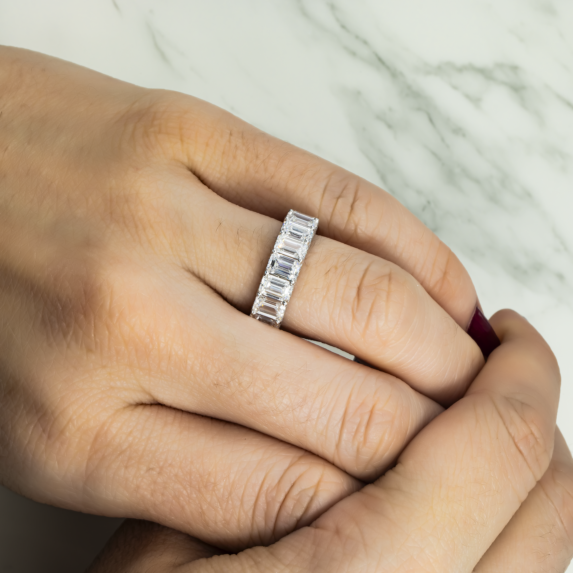 18K White Gold Emerald Diamond Cut Eternity Ring W/ Encrusted Setting 8.75Ct (Size 6) Rings