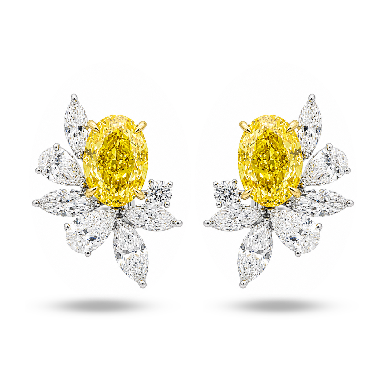 14K White Gold Oval Fancy Yellow Diamond Cluster Stud Earrings 10.73ctw