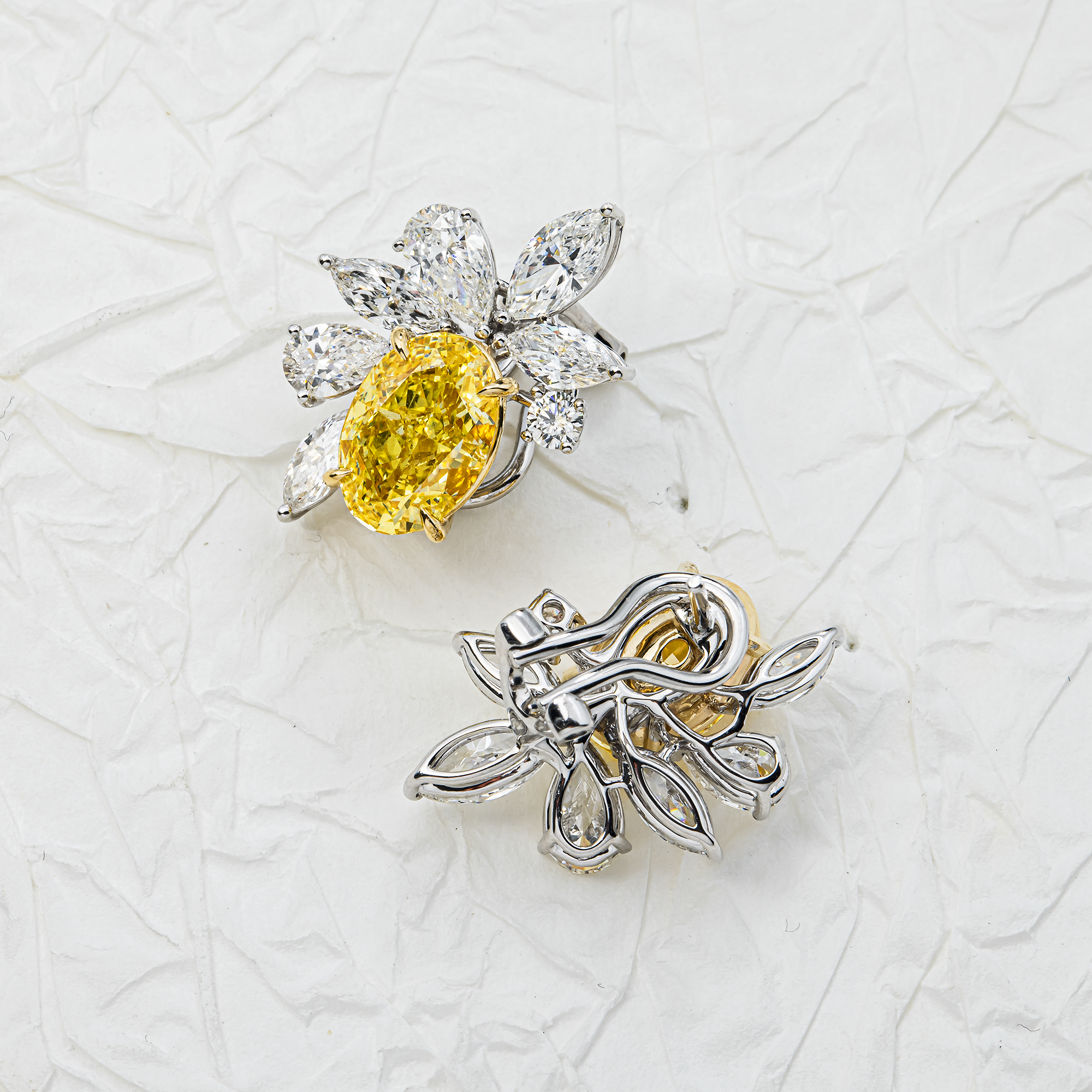 14K White Gold Oval Fancy Yellow Diamond Cluster Stud Earrings 10.73ctw