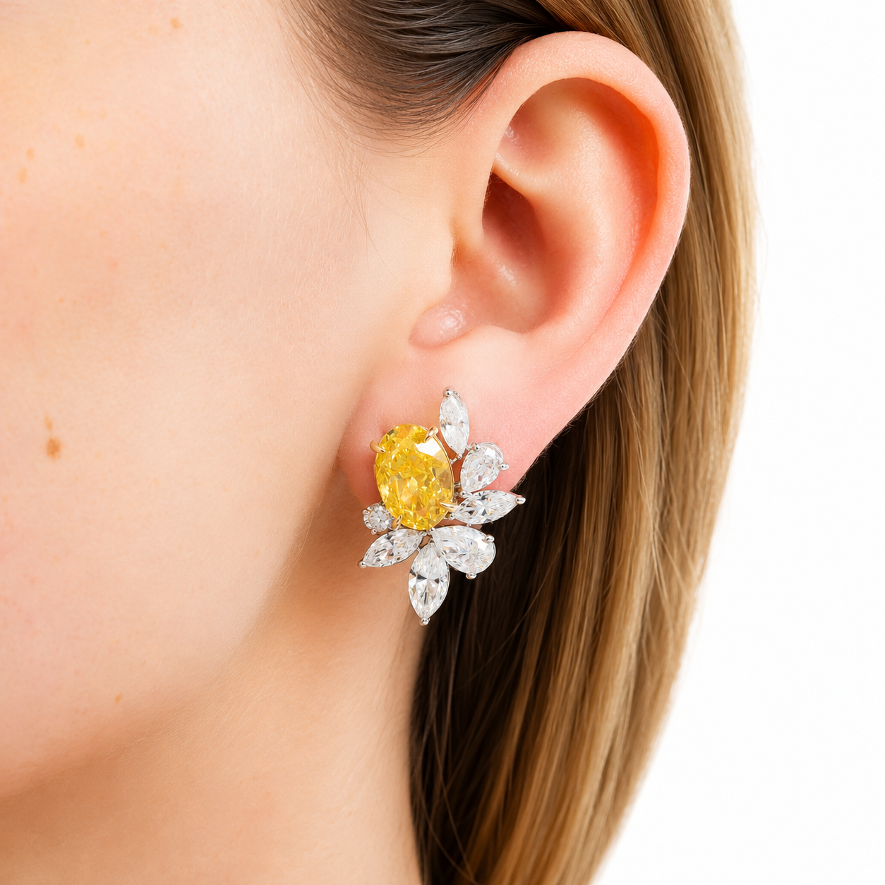14K White Gold Oval Fancy Yellow Diamond Cluster Stud Earrings 10.73ctw