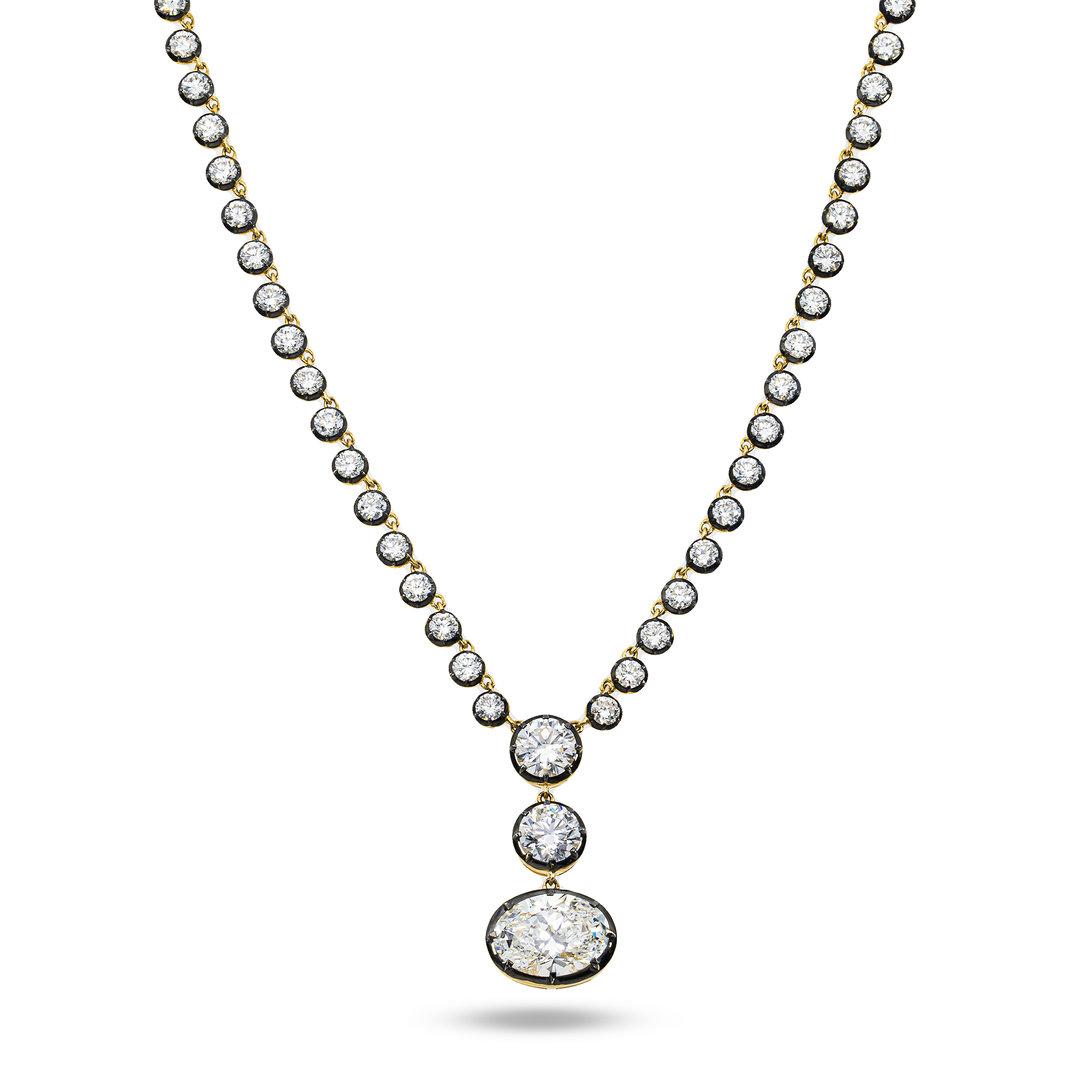 14K Yellow Gold Oval & Round Diamond Drop Necklace 12.46ct