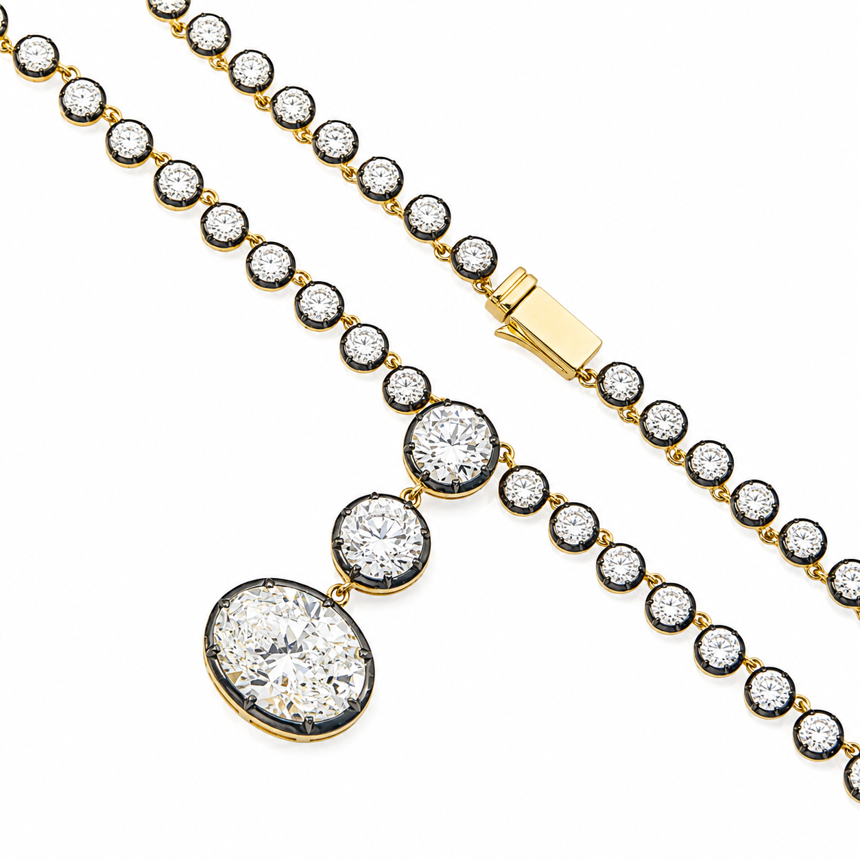 14K Yellow Gold Oval & Round Diamond Drop Necklace 12.46ct