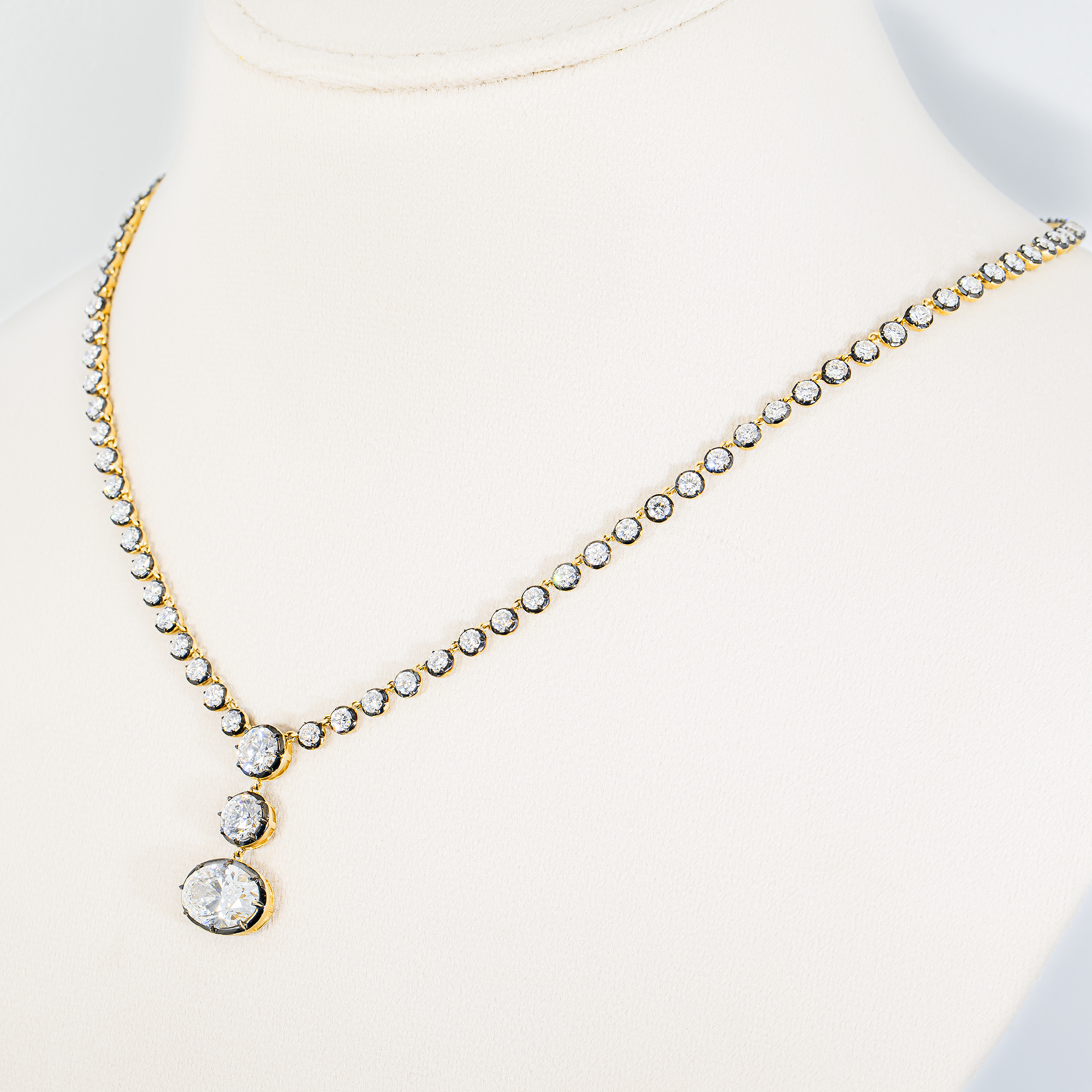 14K Yellow Gold Oval & Round Diamond Drop Necklace 12.46ct
