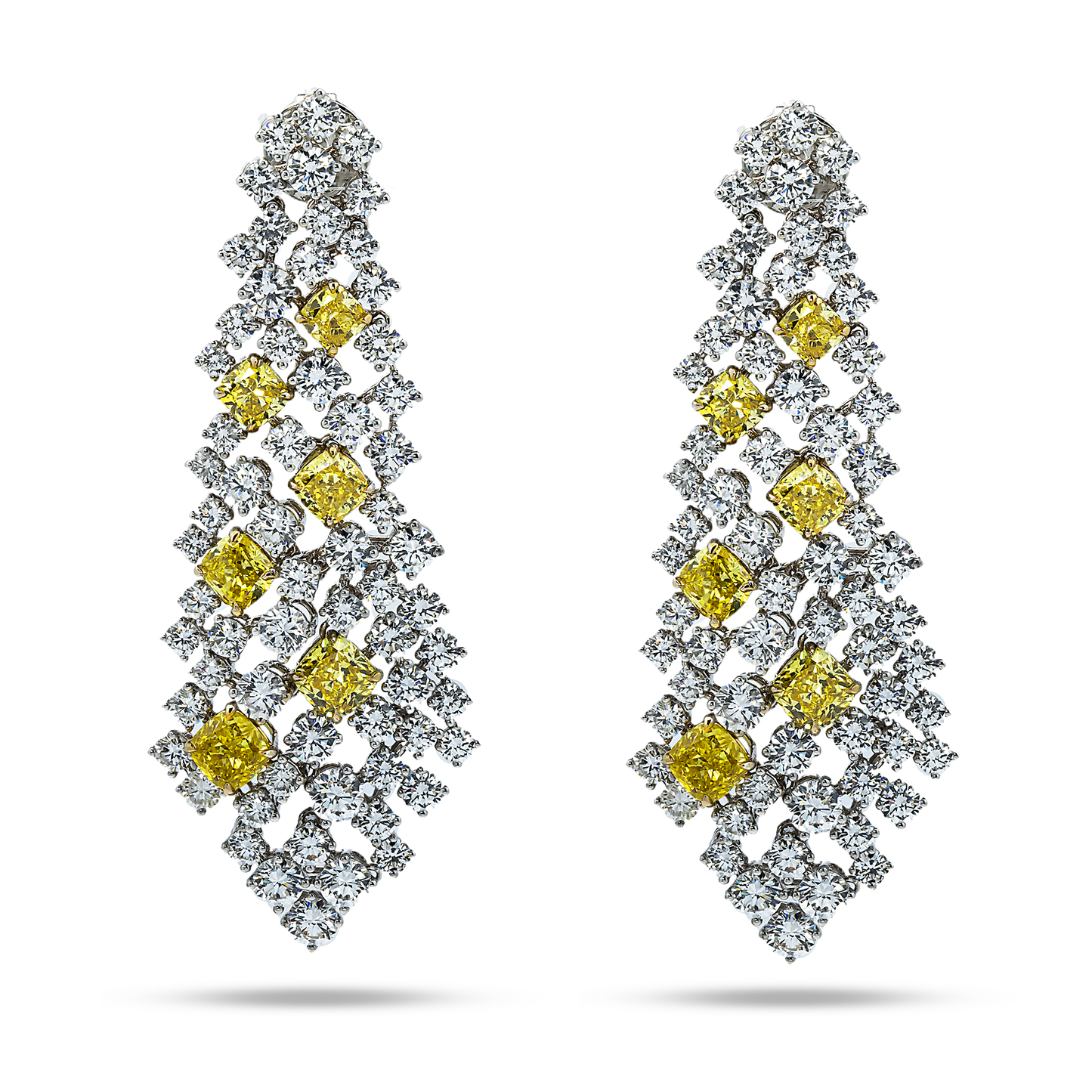 18K White Gold Round & Cushion Cut Fancy Yellow Diamond Chandelier Drop Earrings15.0ct