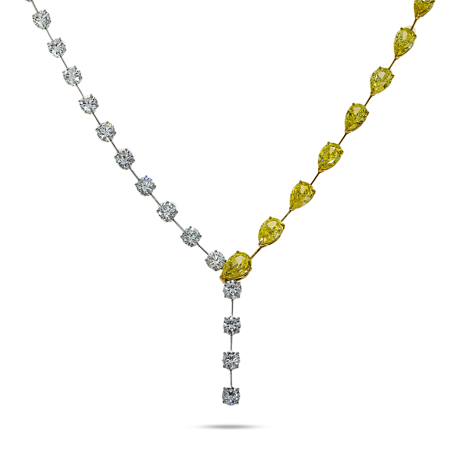 18K Two Tone Fancy Yellow Pear Cut & Round Diamond Adjustable Drop Necklace