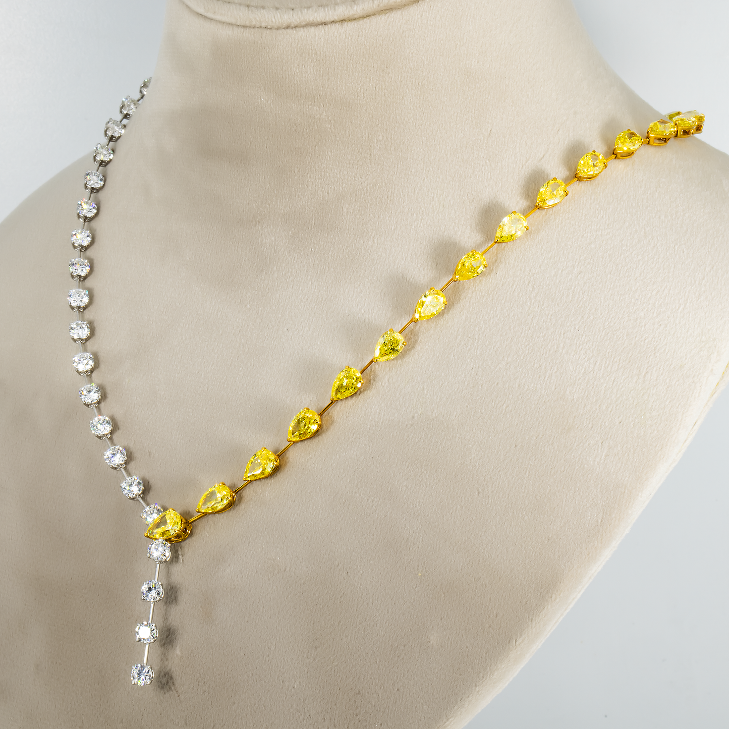 18K Two Tone Fancy Yellow Pear Cut & Round Diamond Adjustable Drop Necklace