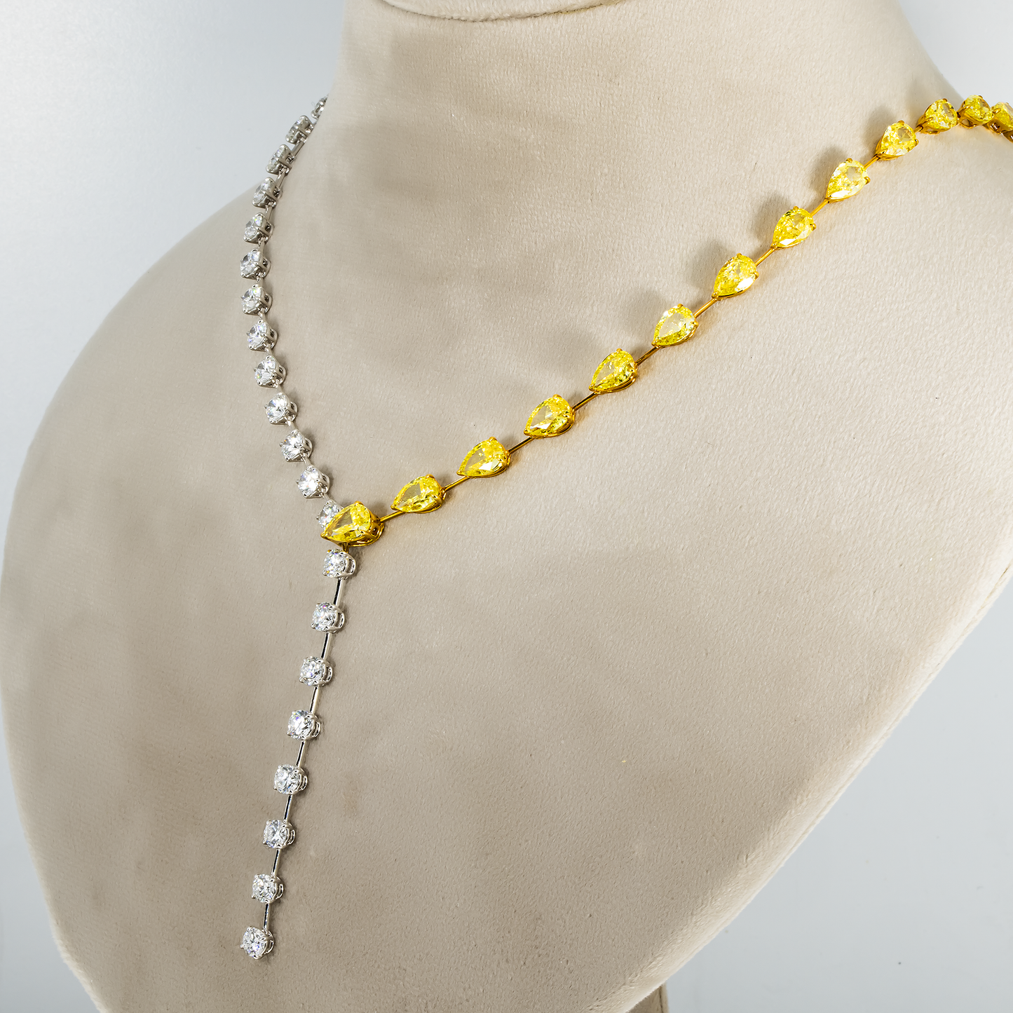 18K Two Tone Fancy Yellow Pear Cut & Round Diamond Adjustable Drop Necklace