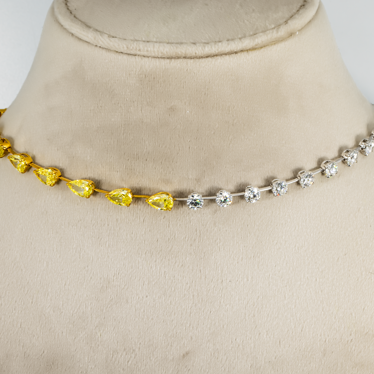 18K Two Tone Fancy Yellow Pear Cut & Round Diamond Adjustable Drop Necklace