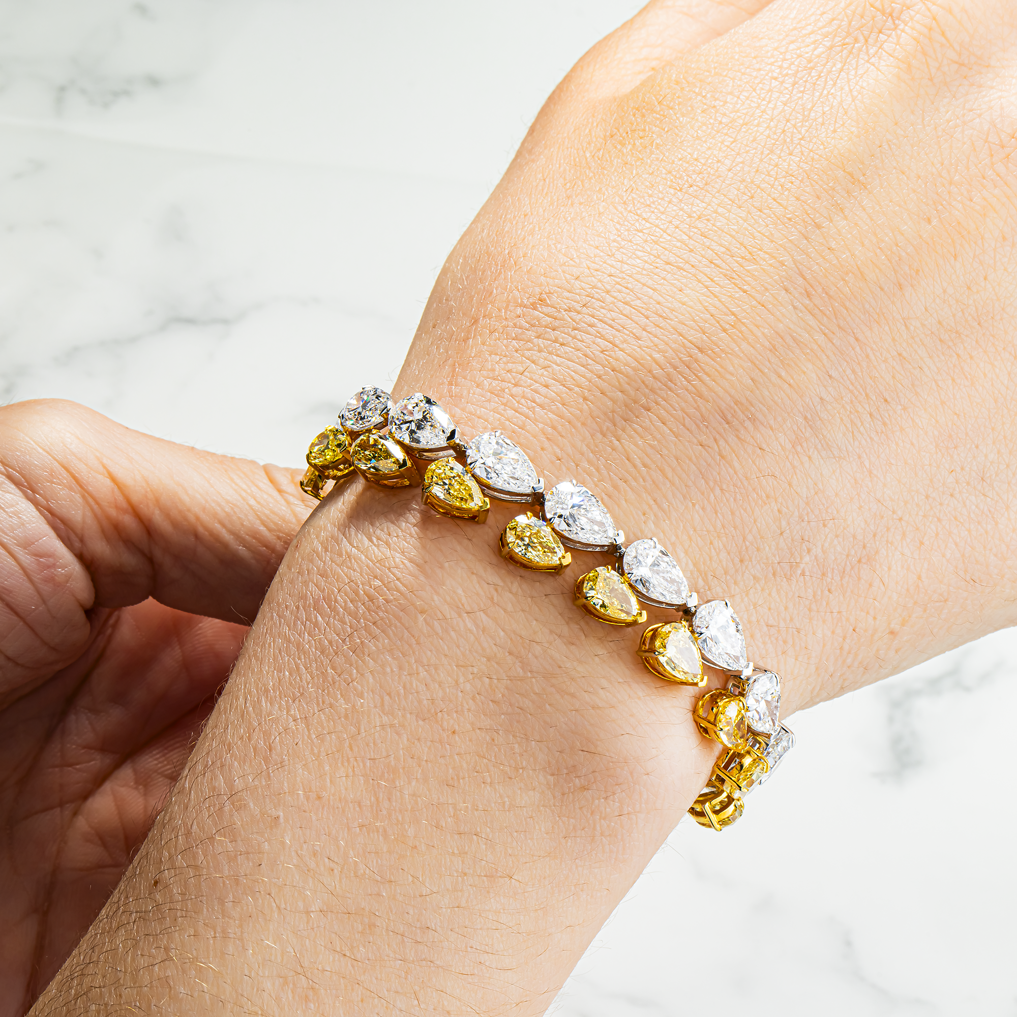 14K Two Tone Pear Cut Fancy Yellow & White Diamond Bracelet 33.38ct