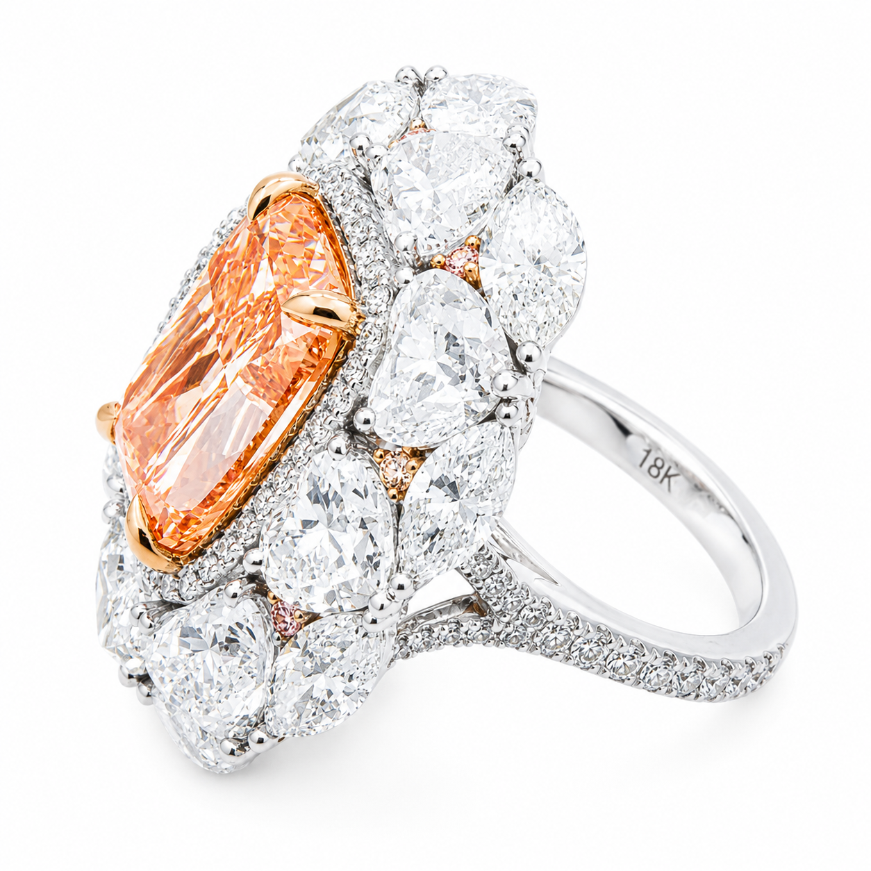 18K White Gold 8.09ct Radiant Fancy Pink Diamond Ring 21.34ctw