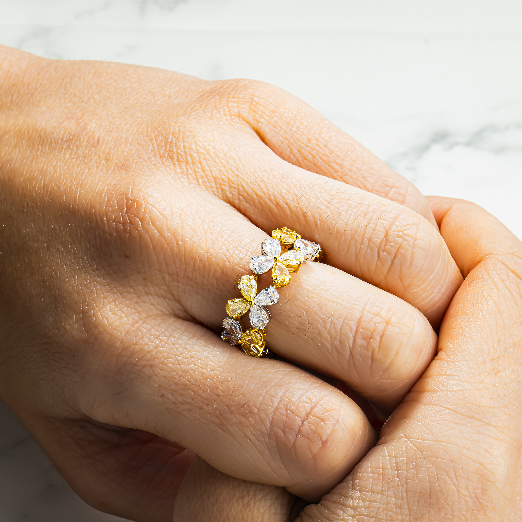 14K Two Tone Pear Cut Fancy Yellow & White Diamond Flower Eternity Ring 6.38ct