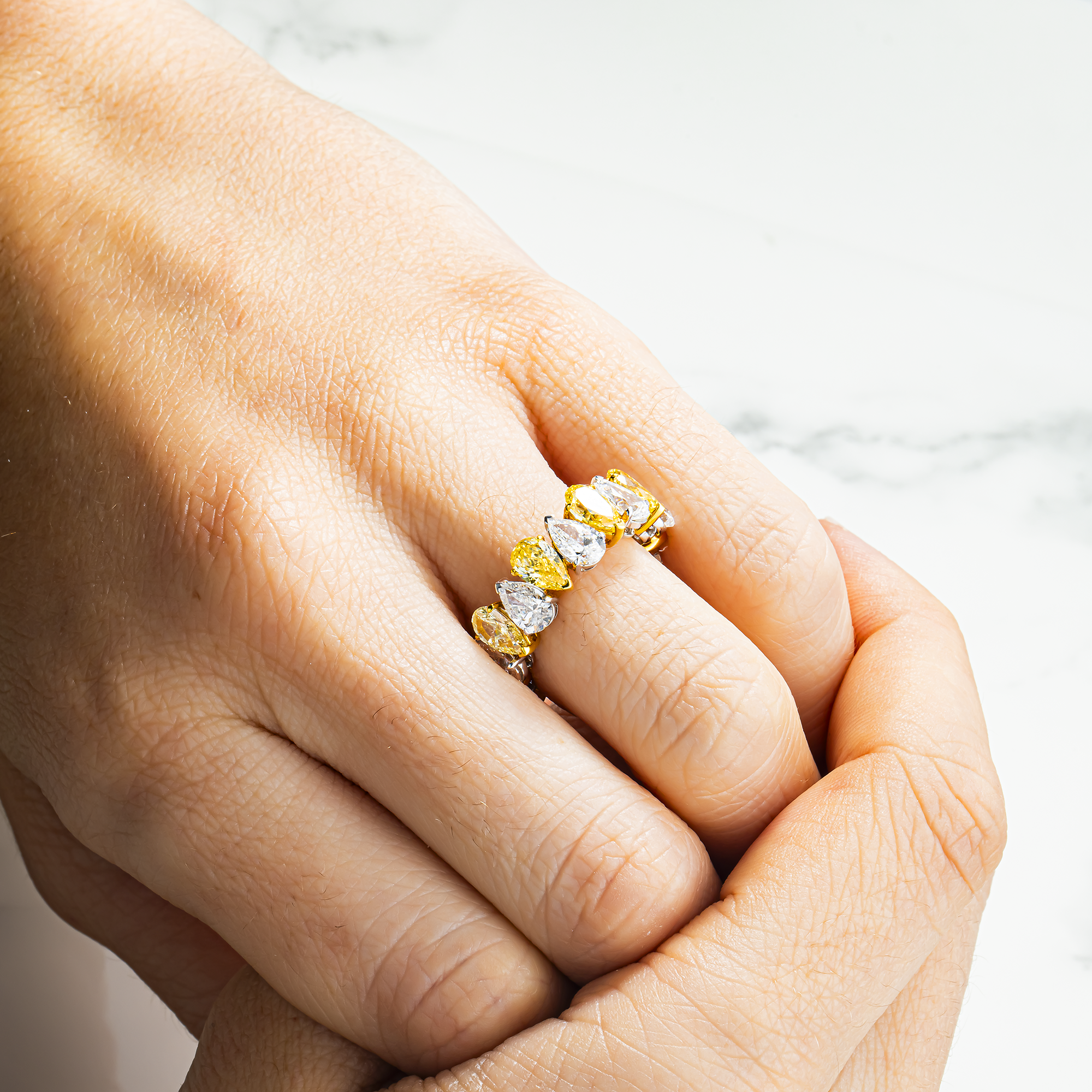 14K Two Tone Pear Cut Fancy Yellow & White Diamond Eternity Ring 8.31ct