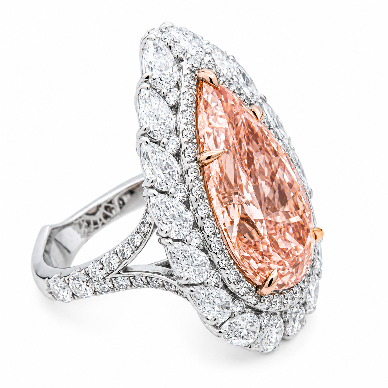 18K White Gold 11.12ct Pear Fancy Pink Diamond Ring 15.65ctw