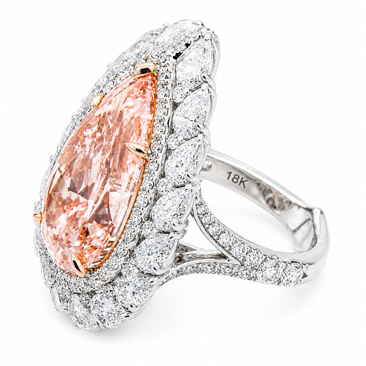 18K White Gold 11.12ct Pear Fancy Pink Diamond Ring 15.65ctw