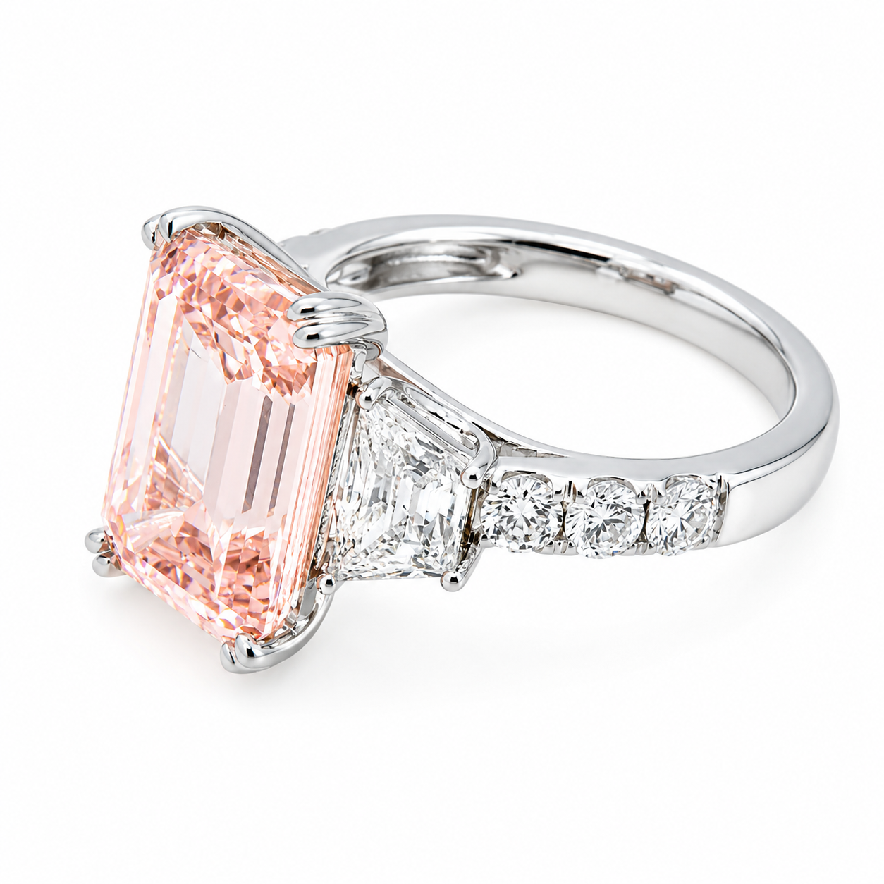 14K White Gold 6.18ct Emerald Fancy Pink Diamond Ring 8.12ctw
