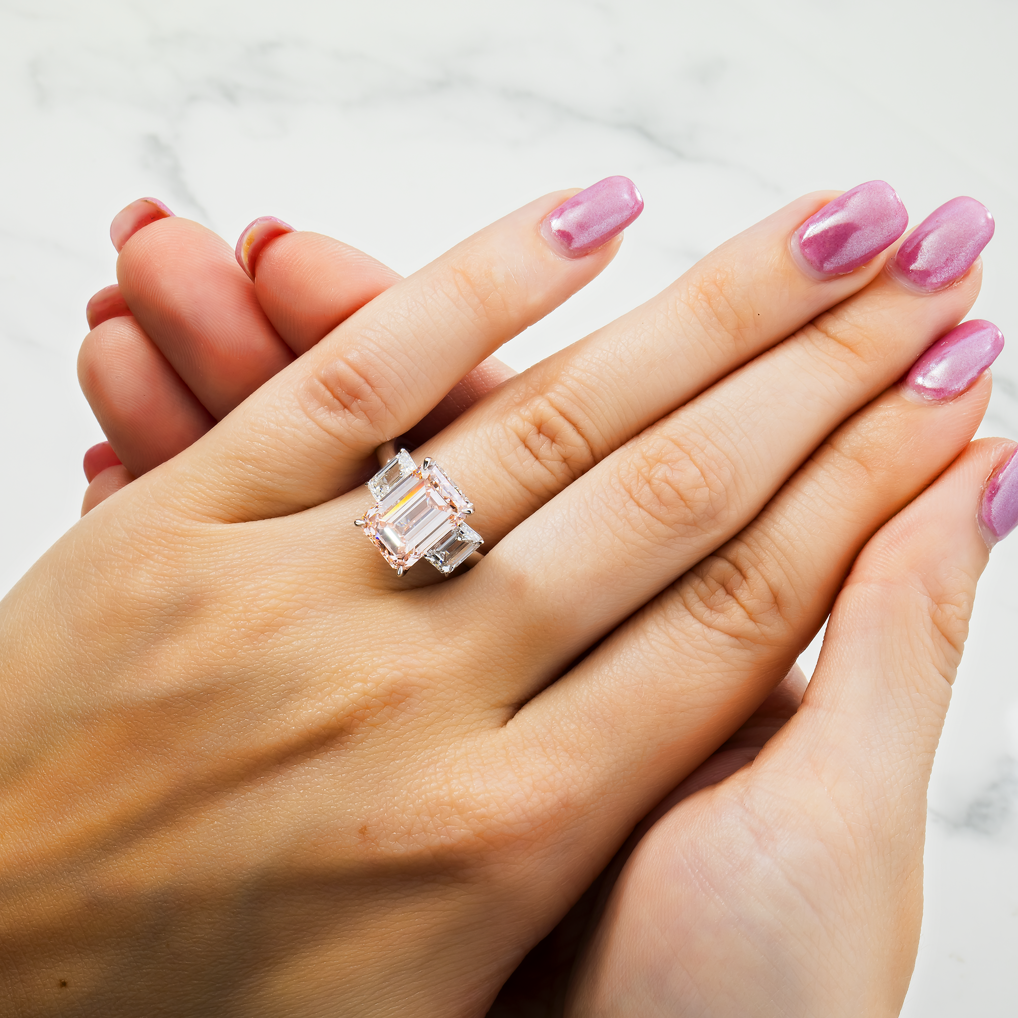 14K White Gold 5.06ct Emerald Fancy Pink Diamond Ring 6.72ctw