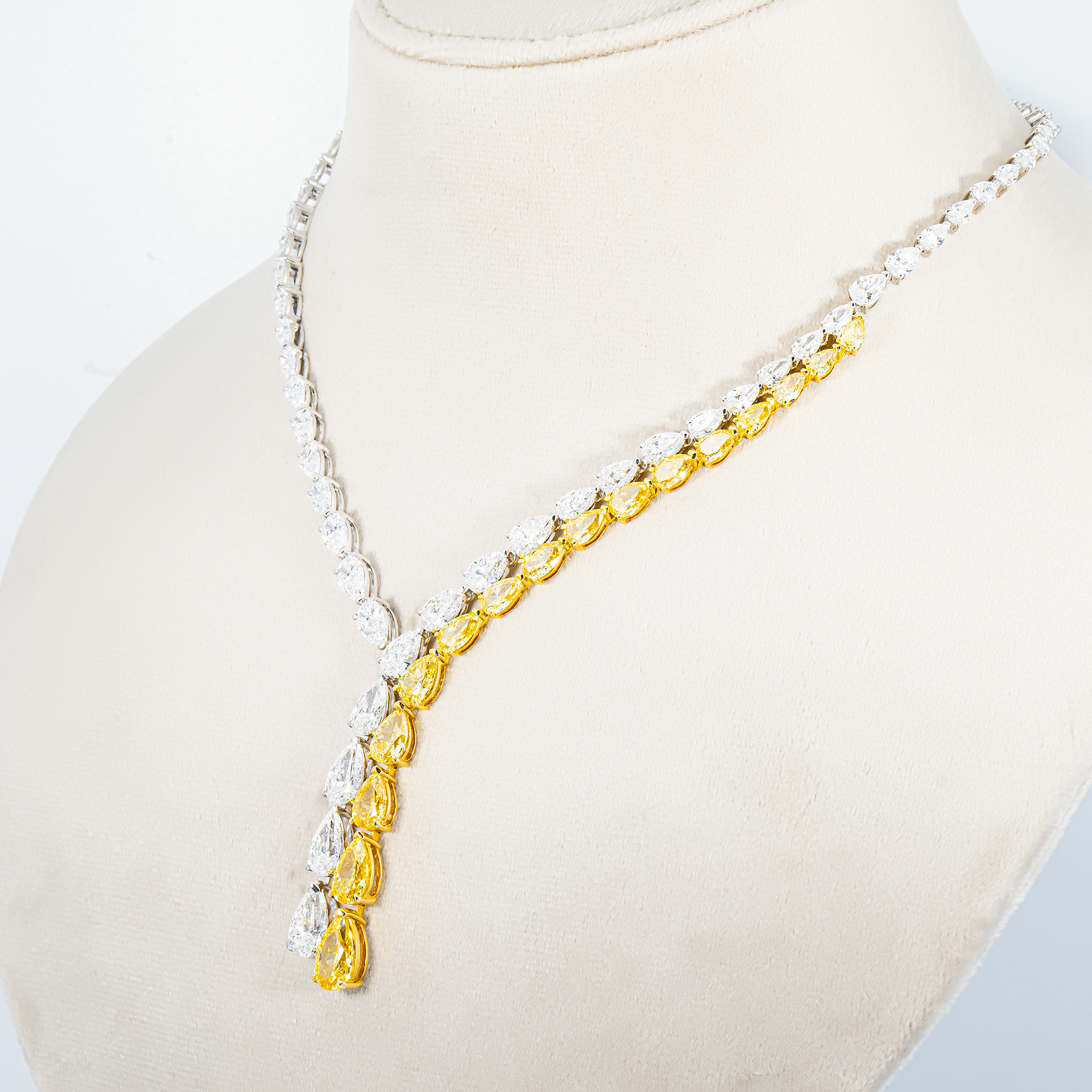 14K Two Tone Pear Cut Fancy Yellow Diamond Drop Necklace 35.20ct